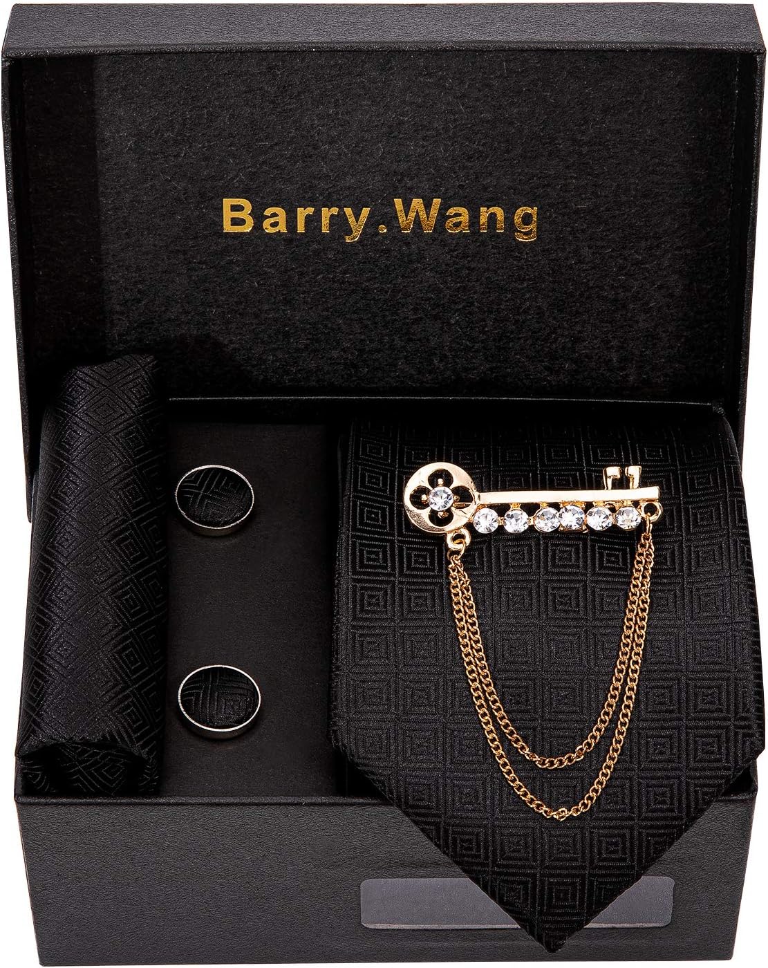 Barry.Wang Designer Classic Ties for Men Set Formal Pocket Square Cufflink Check Plaid
