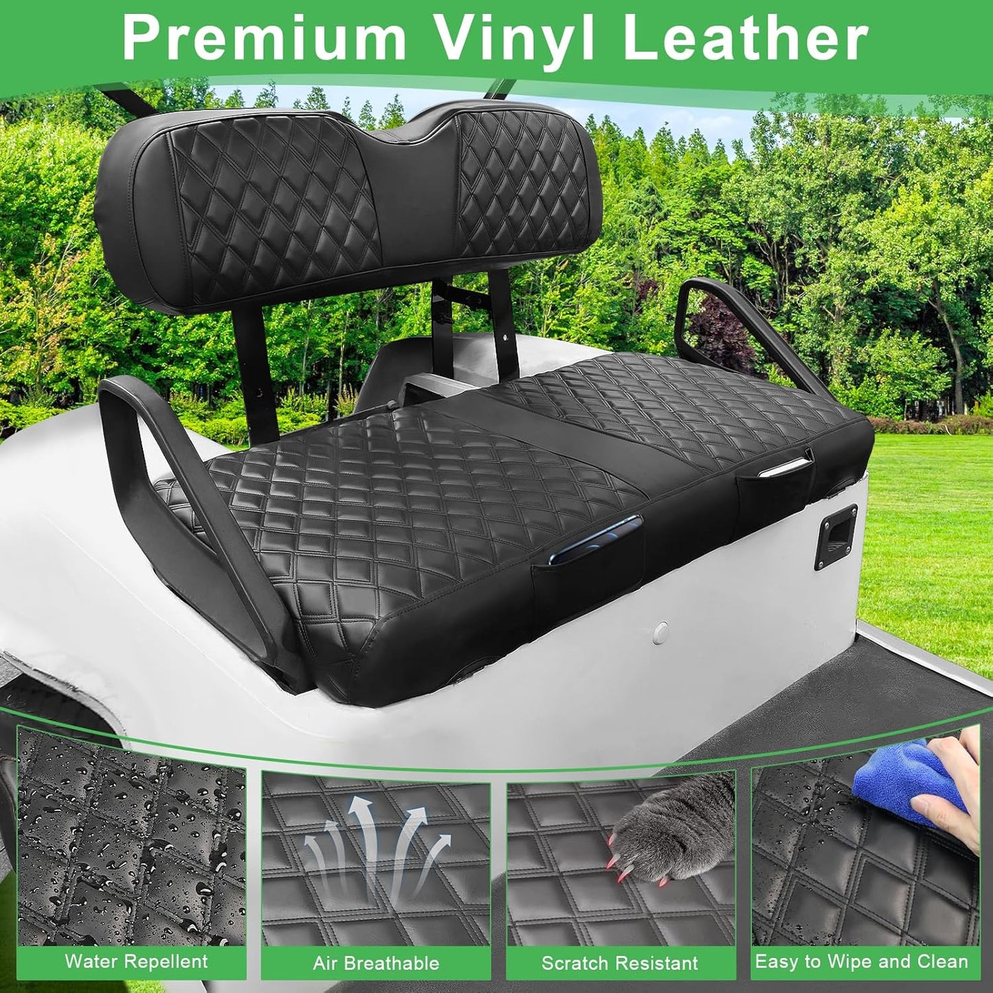 EZGO TXT Seat Cover, Golf Cart Front Seat Covers Set Fit for EZGO TXT 1994-2013 OEM Ordinary Seat Cushion, Thick Vinyl Leather Comfortable/Breathable, No Need Any Tools or Detaching Armrests