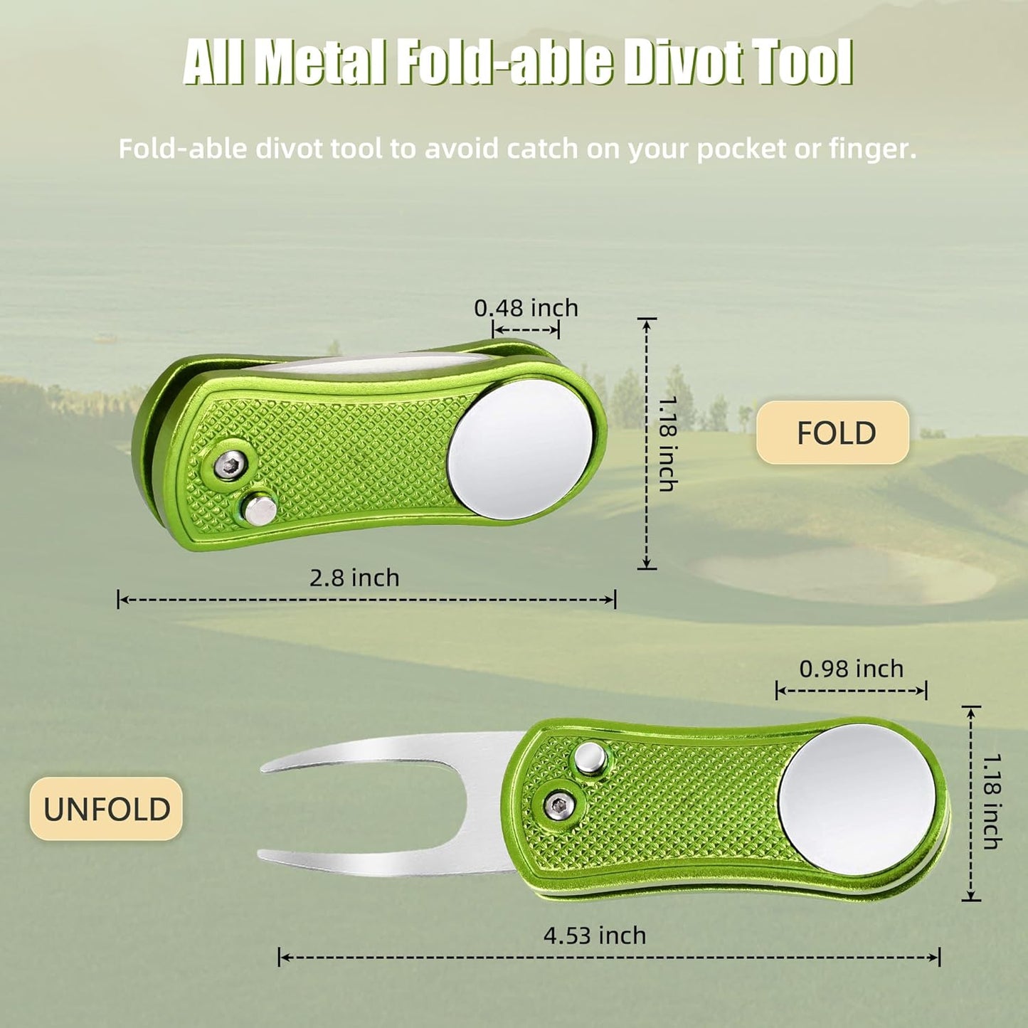 Mile High Life Golf Divot Repair Tool, All Metal Foldable Divot Tool with Pop-up Button & Magnetic Ball Marker