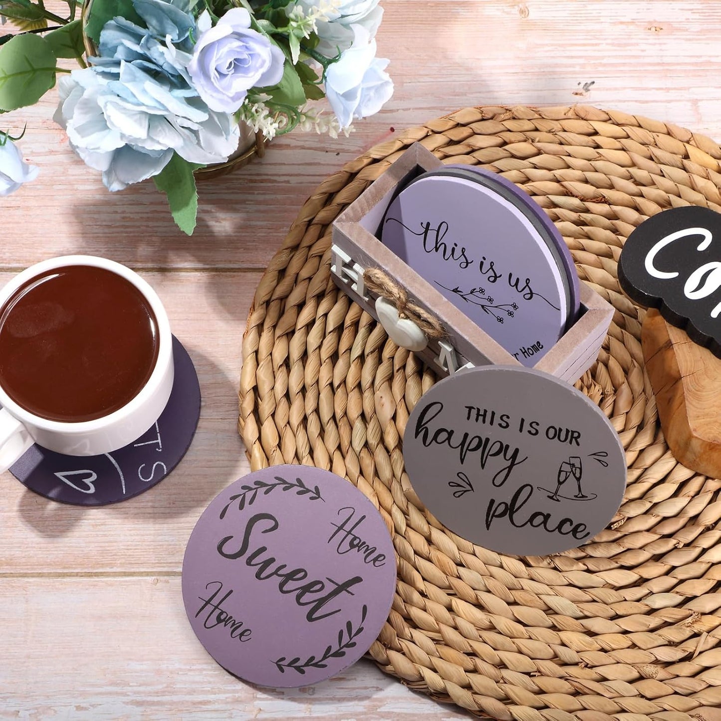 Queekay Housewarming Gifts for Home Decoration Wooden Heart Coasters for Drinks 6 Set Farmhouse Coasters with Holder Funny for Family Coffee Table Protection, 4''(Purple)