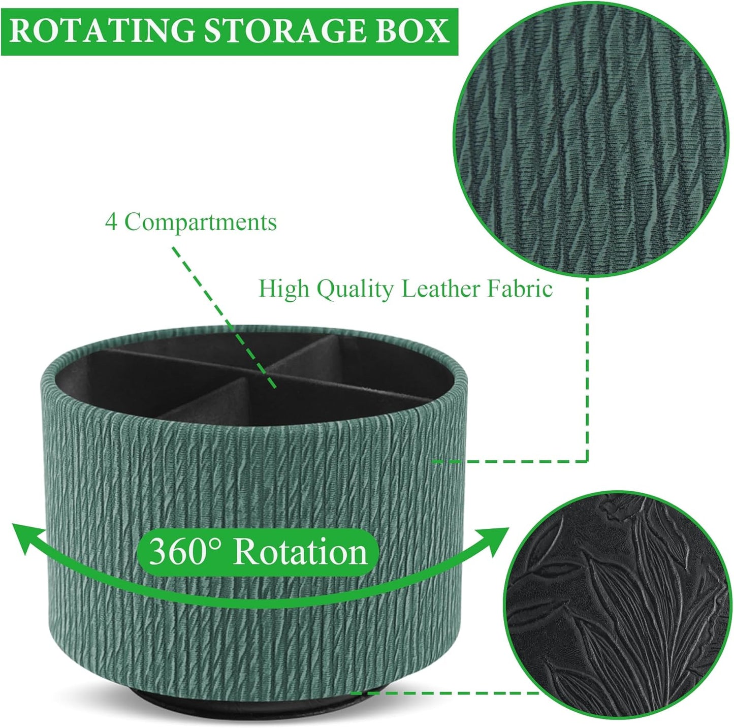 Hennaja Round Leather Art Supply Organizer,Remote Control Holder,360 Degree Spinning,Multi-Functional Pencil Holder,4 Compartments Desktop Stationary Organizer(1-Wood Green)