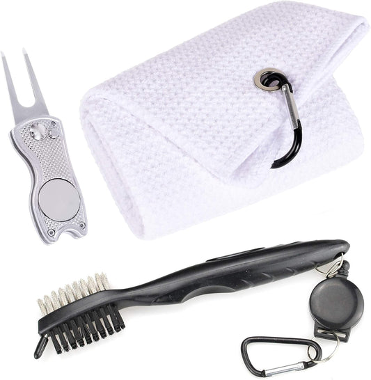 Mile High Life Microfiber Waffle Pattern Golf Towel | Club Groove Cleaner Brush | Foldable Divot Tool with Magnetic Ball Marker (White Towel/Brush/Fish Divot)
