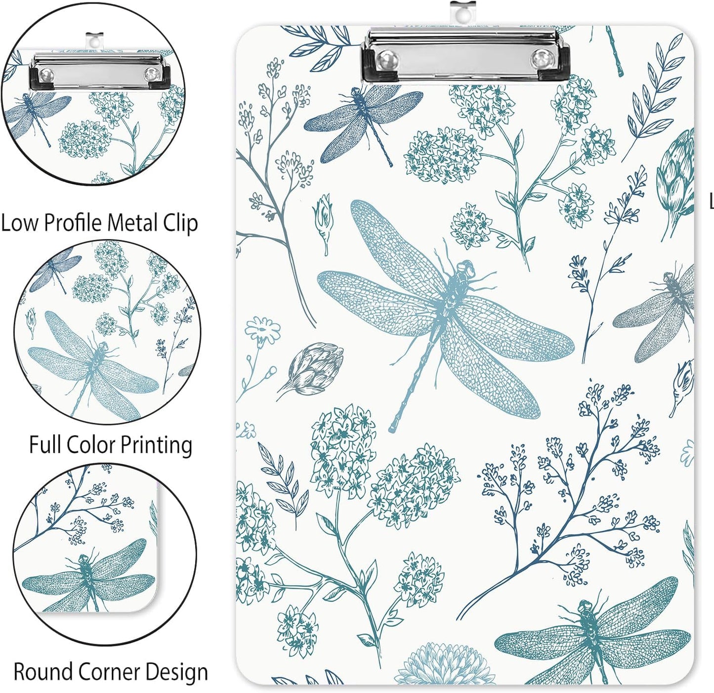 Fashion A4 Clipboard, Standard Letter Size 9" x 12.5", Decorative Wooden Clipboard with Low Profile Metal Clip for Office, School, Teachers, and Students, Dragonfly Flower