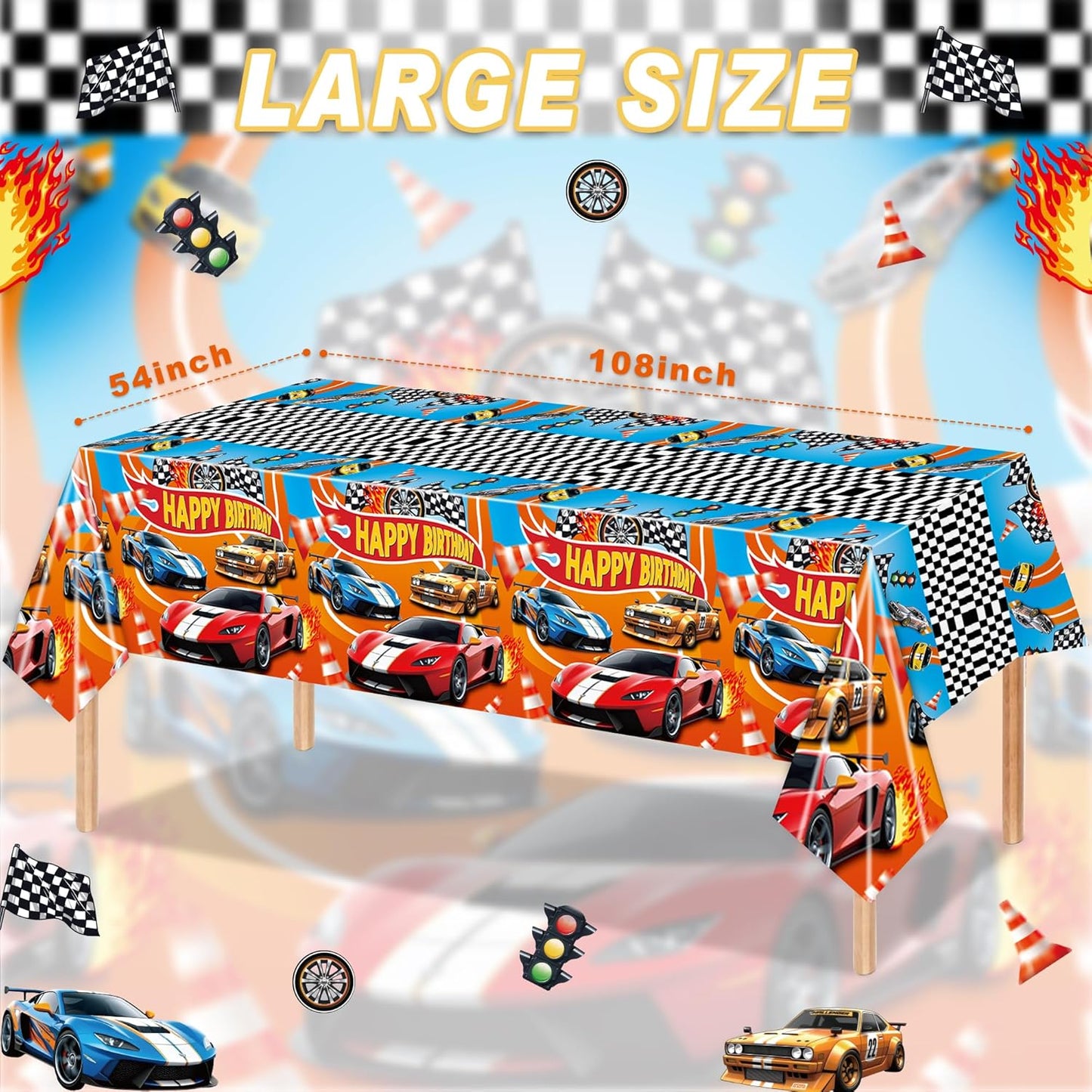 3Pcs Racing Car Plastic Tablecloth, Race Birthday Party Decorations, Checkered Table Cloth Decor 54'' x 108''