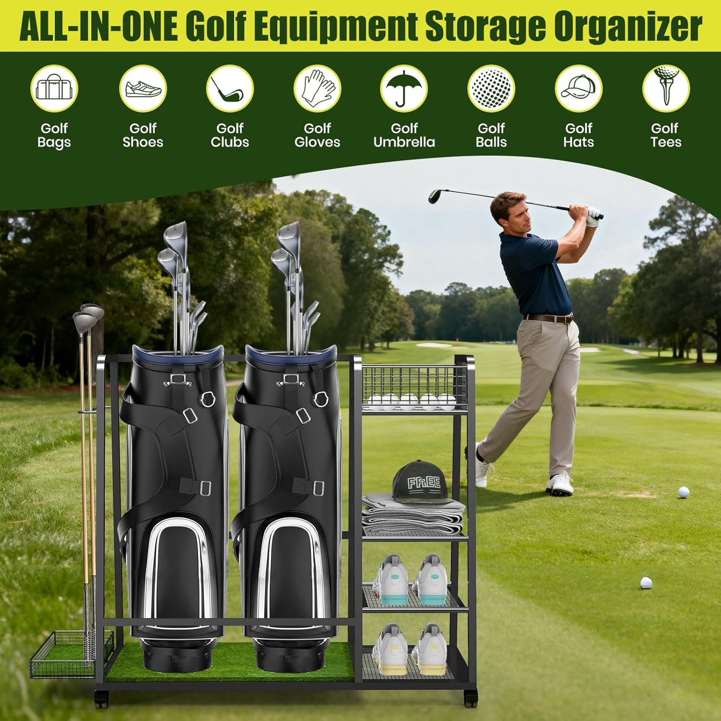 TooCust Golf Bag Storage Rack for Garage Fits 2 Bags, Heavy Duty Metal Golf Bag Organizer with Wheels, Freestanding Golf Club Rack for Equipment Accessories with Shelves & Protective Turf Mat