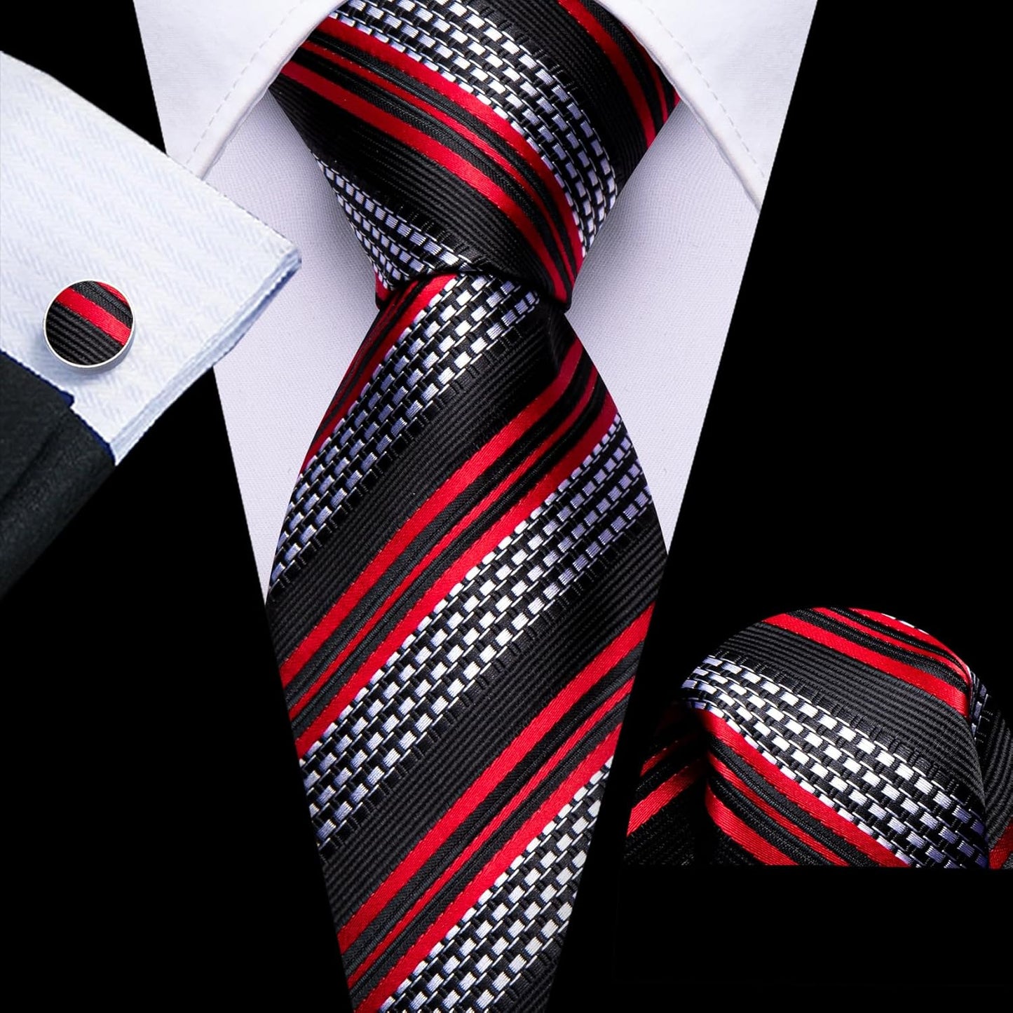 Barry.Wang Designer Classic Ties for Men Set Formal Pocket Square Cufflink Check Plaid
