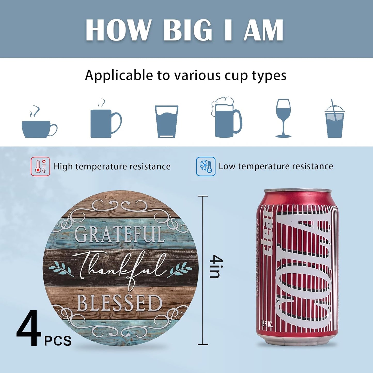 Coasters for Drinks,Set of 4 Absorbent Coasters,Thankful Grateful Blessed Ceramic Coasters with Cork Base,Cup Coaster for Coffee Table Protection,Gifts for Housewarming Birthday