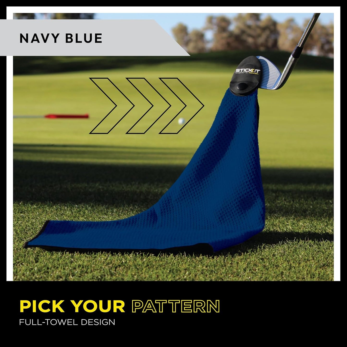 STICKIT Magnetic Golf Towel, Navy, Premium 29" Microfiber with Deep Waffle Pockets, Industrial Strength Magnet for Secure Hold to Golf Carts & Clubs, Ultra-Absorbent, Fast-Drying, Easy-Clean Design