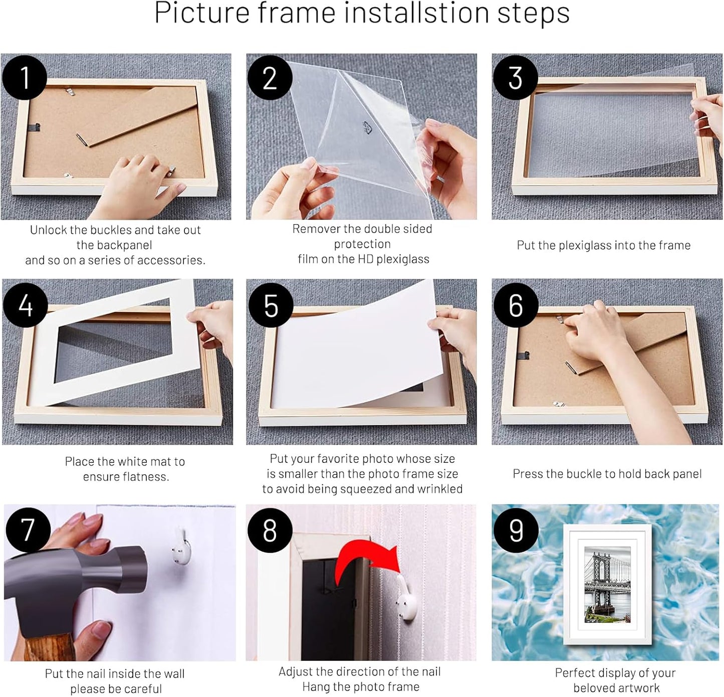 9x12 Solid Wood Picture Frames - Display 6x8 or 5x7 with Mat, 9x12 Frame without Mat - Wall Mounting or Table Top (White)