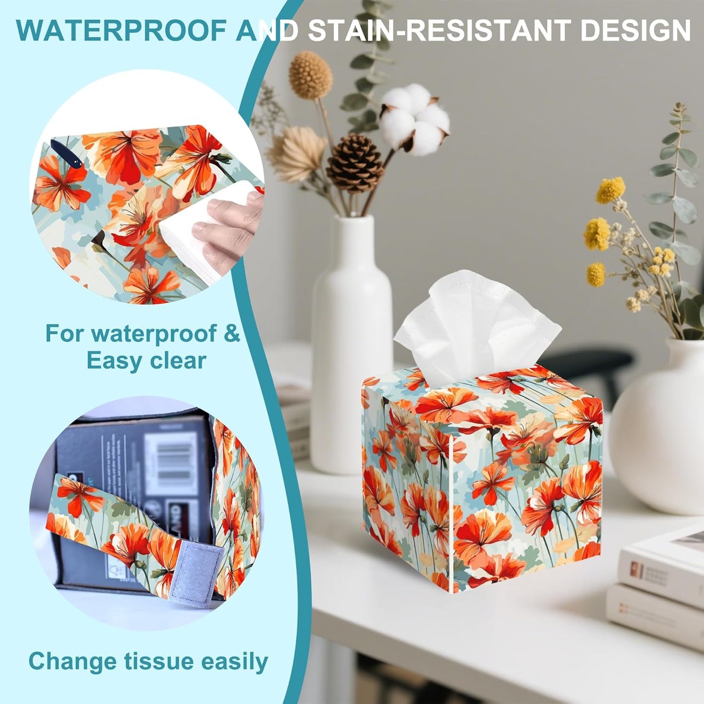 Watercolor Flowers Tissue Box Holder,Vintage Leaves Square Leather Tissue Box Cover,Waterproof Modern Napkin Holder Organizer for Car Bathroom Nightstand Vanity Office Tabletop,5.2" x 5.2" x 5.2"