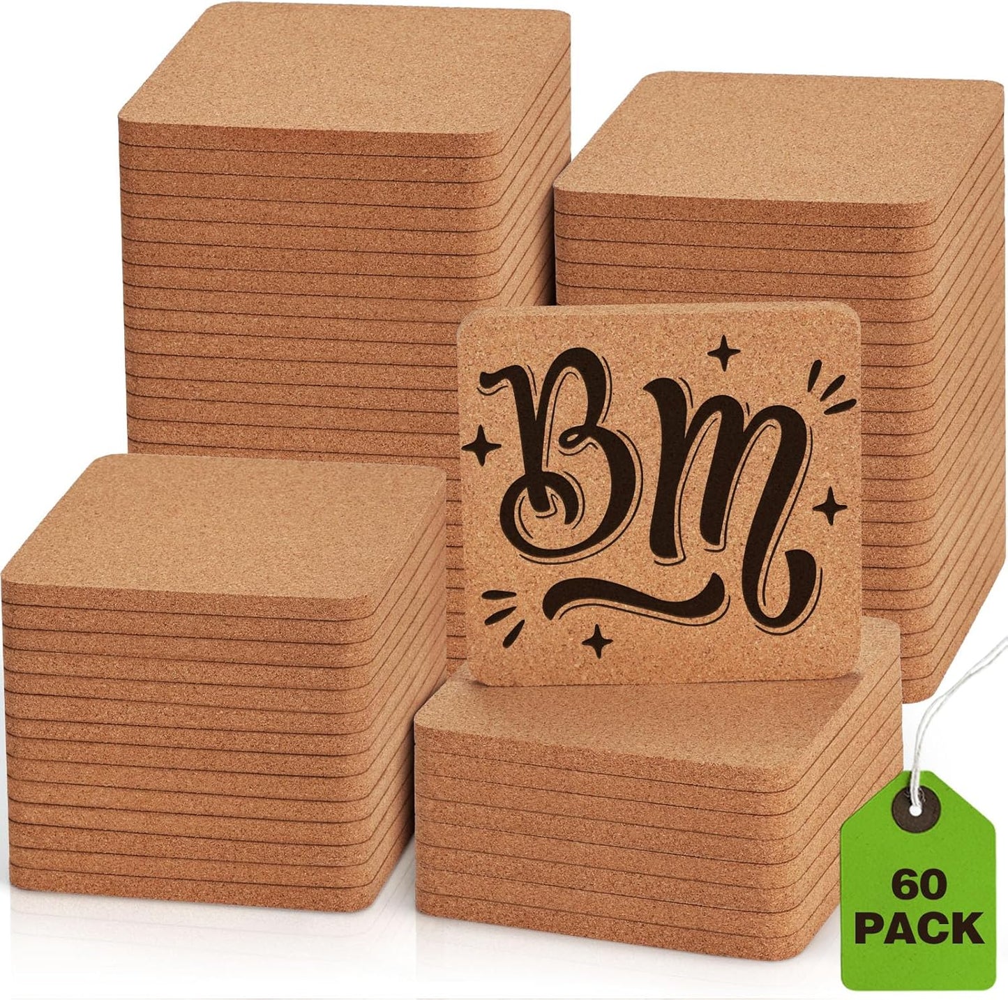 60 Pieces Cork Coasters for Drinks, GOH DODD Thicken Absorbent Blank Coasters for DIY Crafts Laser Engraving Sublimation Wood Burning Plants Painting Housewarming Gifts Wedding, Square, 4 Inch