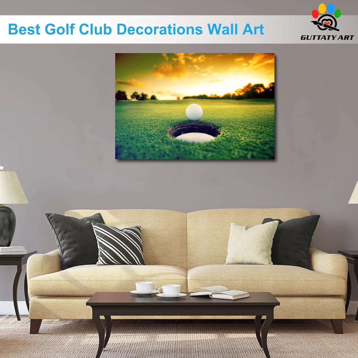 Sport Canvas Wall Art, Golf Wall Art Painting Prints for Living Room, Golf Ball Near Hole Landscape Poster Picture for Bedroom, Framed Artwork for Office Home Decor 32x48 Inches