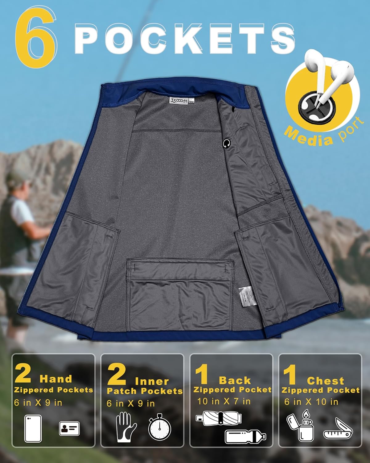 33,000ft Men's Windproof Lightweight Golf Vest Outerwear with Pockets, Softshell Sleeveless Jacket for Running Hiking Sports