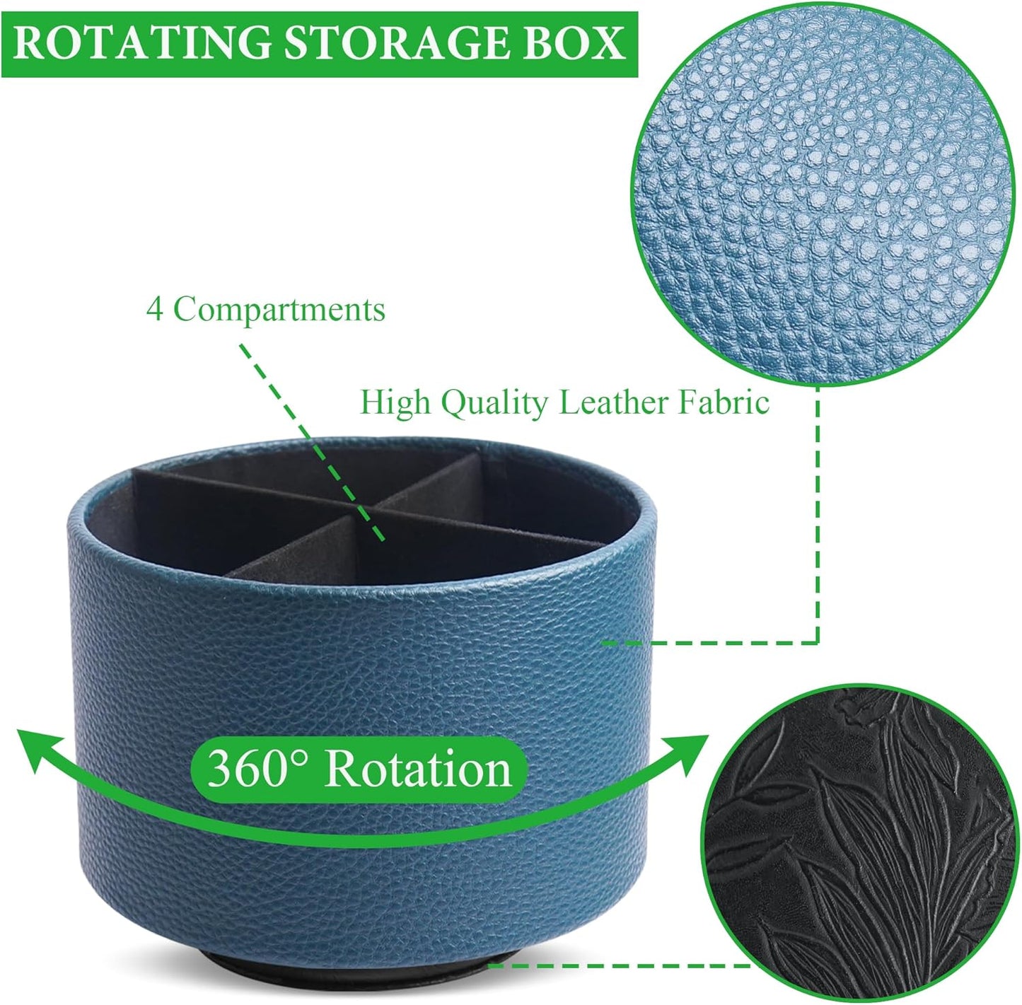 Hennaja Round Leather Art Supply Organizer,Remote Control Holder,360 Degree Spinning,Multi-Functional Pencil Holder,4 Compartments Desktop Stationary Organizer(1-Lichee Green)