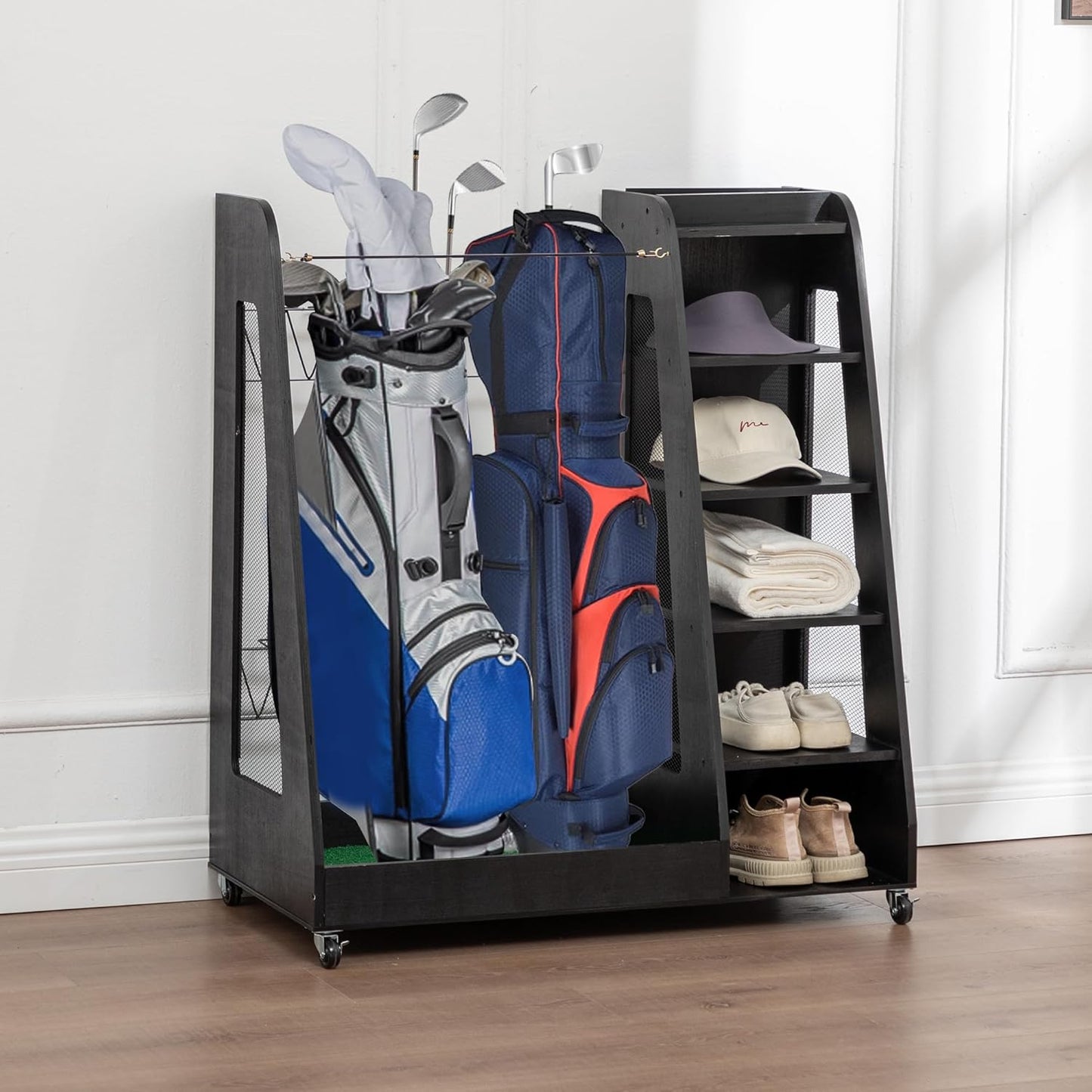 Wooden Golf Bag Organizer and Storage Rack, Wooden 2 Golf Bag Rack with Drawers, Easy to Assemble Golf Club Holder/Stand with Club Holders on Side