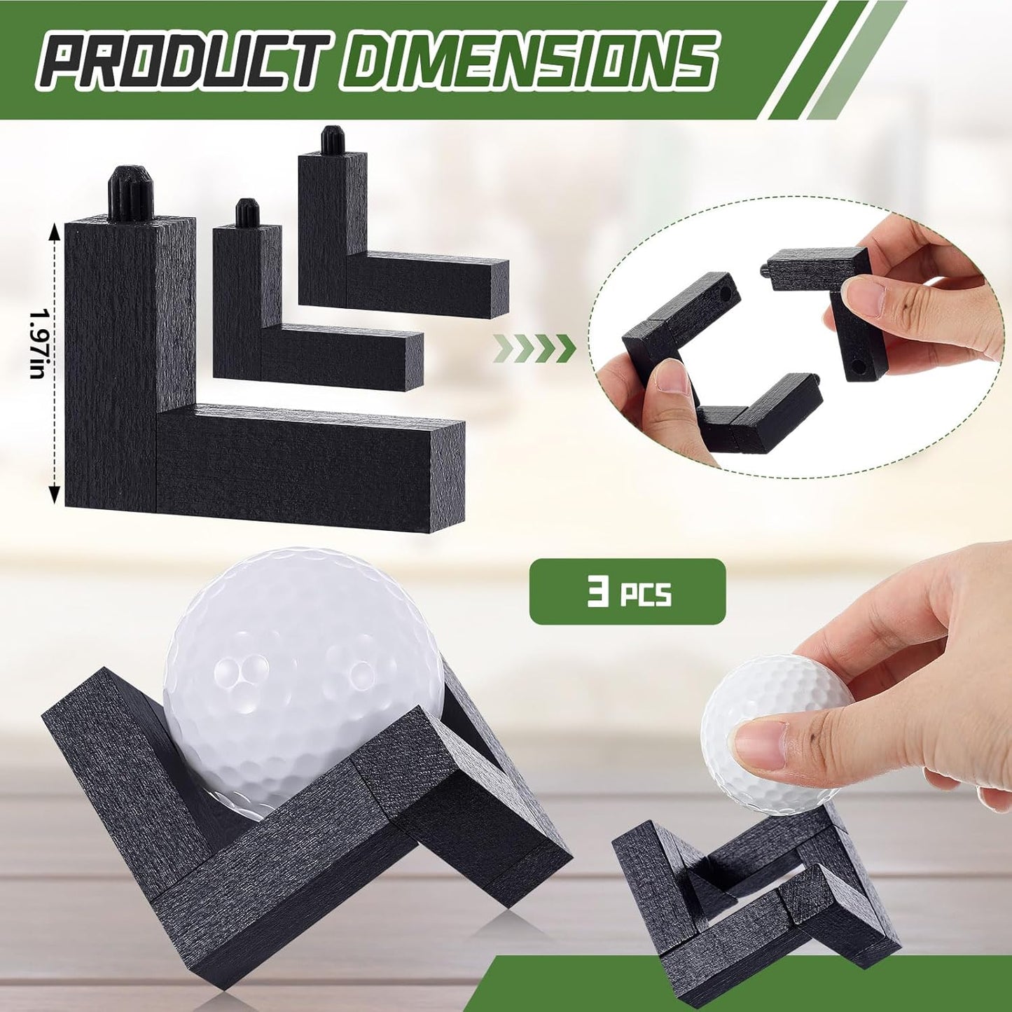 3 Pack Golf Ball Display Stand 1.97 Inch Wooden Golfball Display Case Black Baseball Rack Holder for Souvenir Collections Tabletop Decor Men Golf Enthusiasts