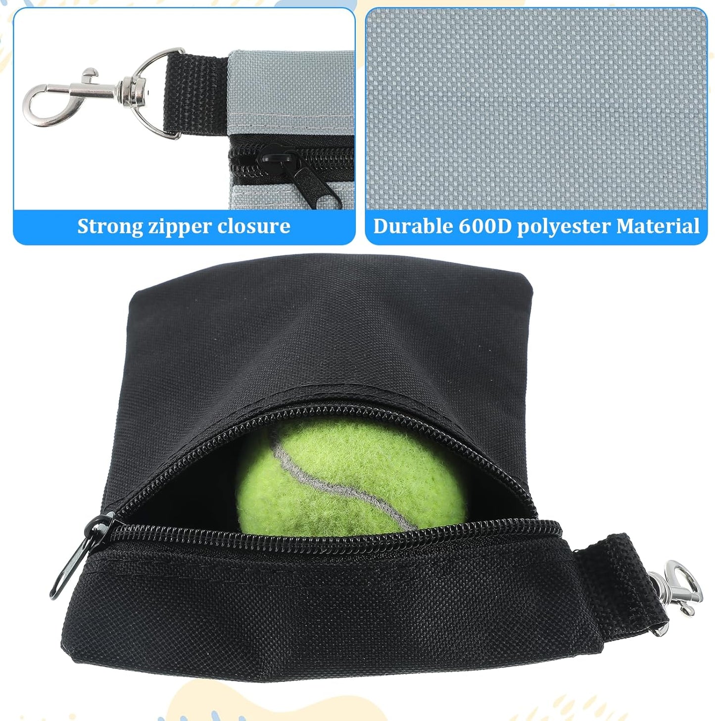 2 Pack Golf Ball Bag, Golf Tee Bag Pouch 6.7" x 5.5" Zippered Pouch with Metal Lobster Clip, Waterproof Golfs Accessories Organizer for Tees Balls, Valuables Holder, Men Women (Black, Gray)