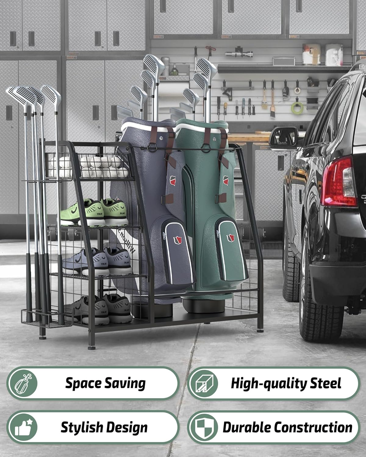 Golf Bag Organizer for Garage - 3 Golf Bag Storage Rack with Lockable Wheels - Golf Equipment Stand - Golf Clubs Bags Accessories Holder