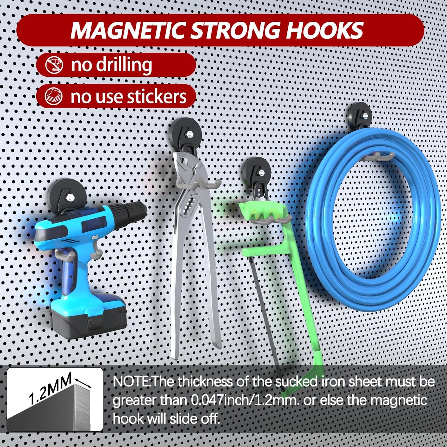3-H Heavy Duty Magnet Garage Hooks 4 Pack, Large Strong Magnetic Hooks for Hanging Cordless Power Drill, Utility Magnetic Tool Holder for Metal Cabinet, Steel Pegboard, Toolbox, Garage(Grey)
