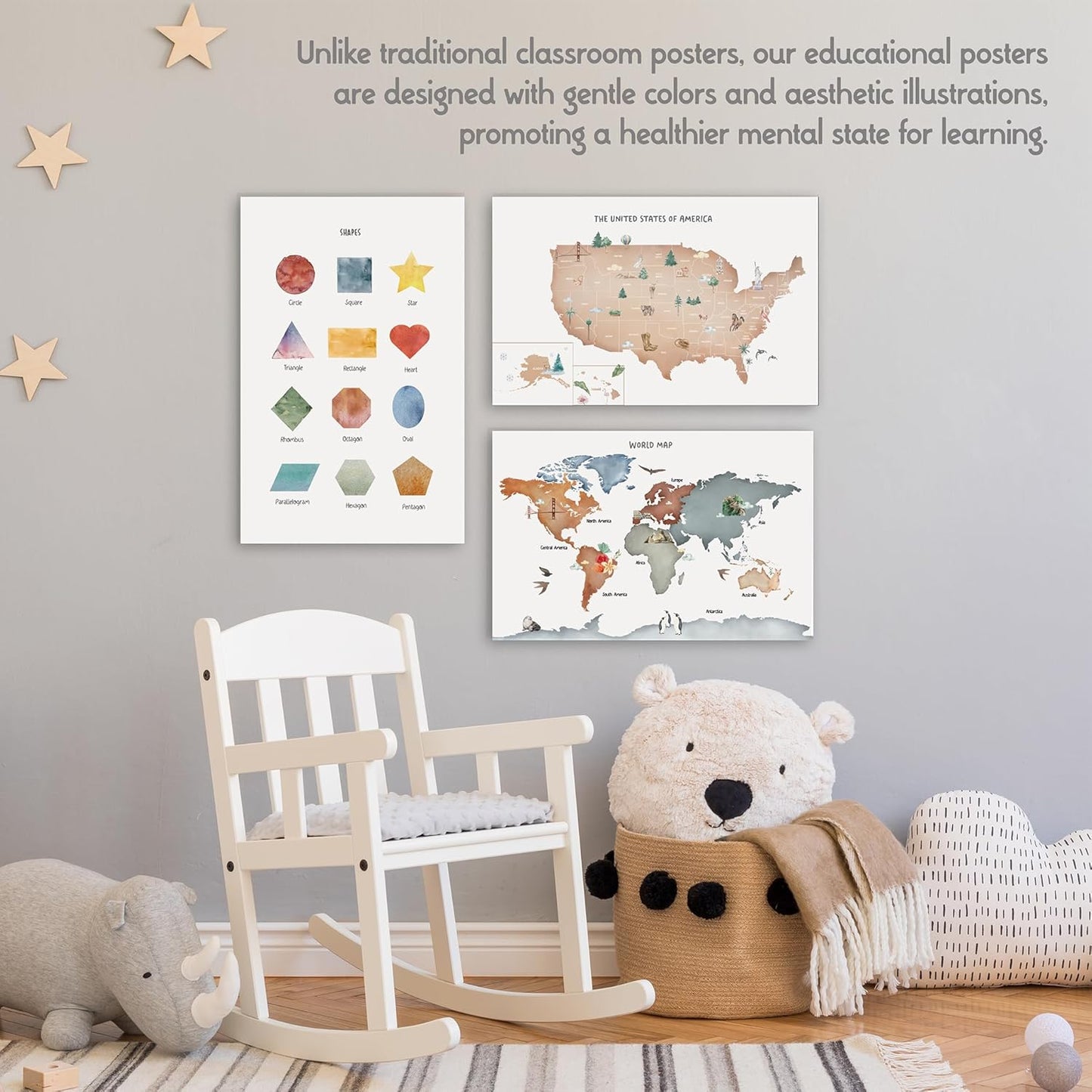Educational Posters for Toddlers 11x17" Set of 12 - Learning Preschool Posters - Including: Alphabet , Numbers, Months, Days of the Week, Worldmap, USA Map, Solar System, Seasons, Shapes, Colors,
