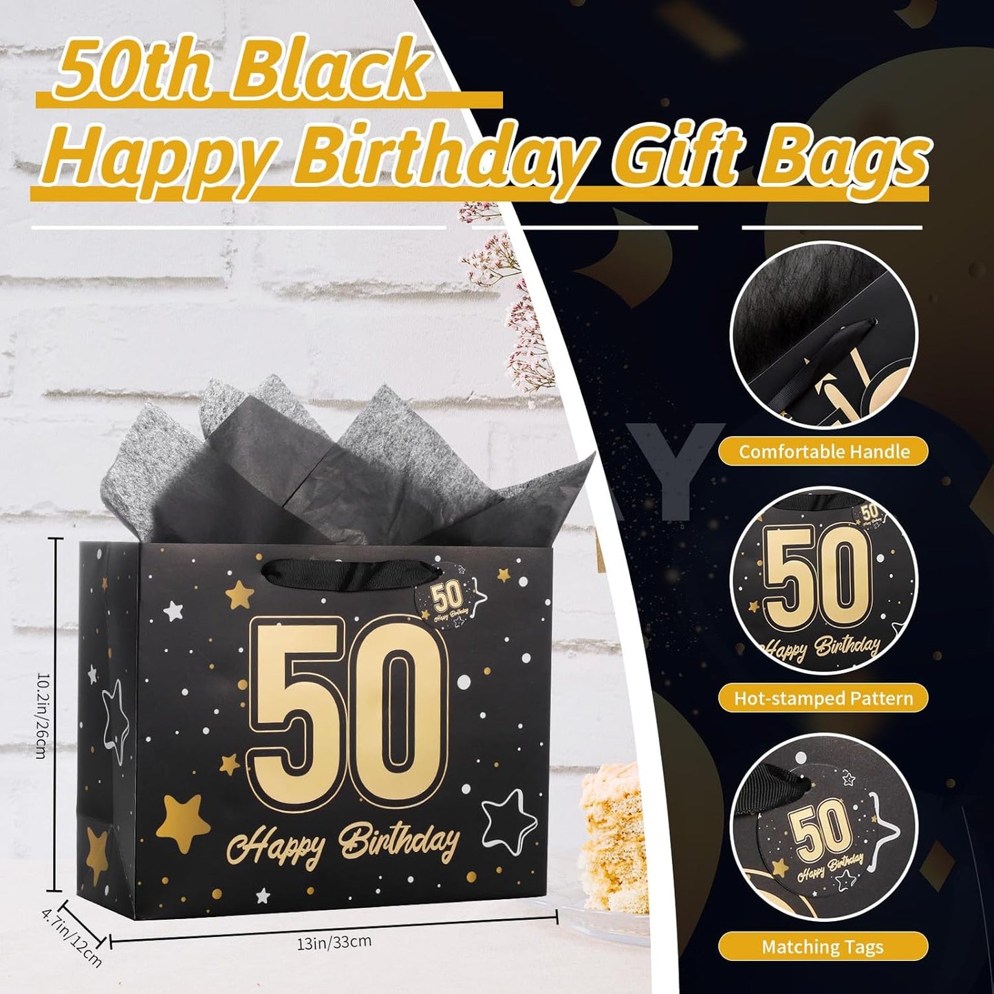 Powbrace 13" Black Happy Birthday Gift Bag with Tissue Paper and Greeting Card for Party,Happy Birthday Gift Bag for Men Women,Gift Bags Medium size(1 Black 50th)
