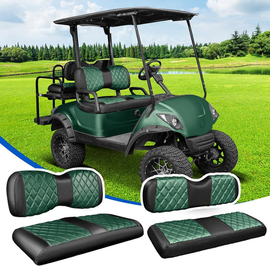 NOKINS 4PCS Golf Cart Seat Covers Kit, Front and Rear Seat Covers Fits YAMAHA/G29/Drive2 Standard Seat Cushion, Yamaha Vinyl Diamond Replacement Seat Covers, No Stapler (Dark Green&Black)