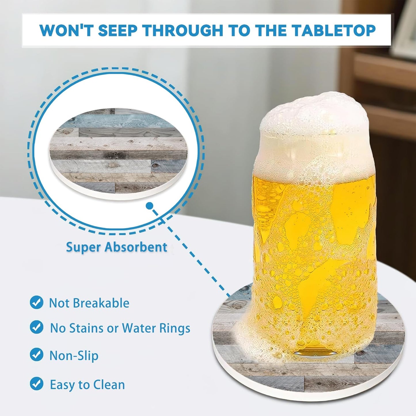 Drinks Coasters Set of 4, Woodboard Round 4" Cup Coasters, Absorbent Ceramic Stone Coasters with Cork Base, Cute Coasters for Table Home Décor, Ideal Gifts for Women Men