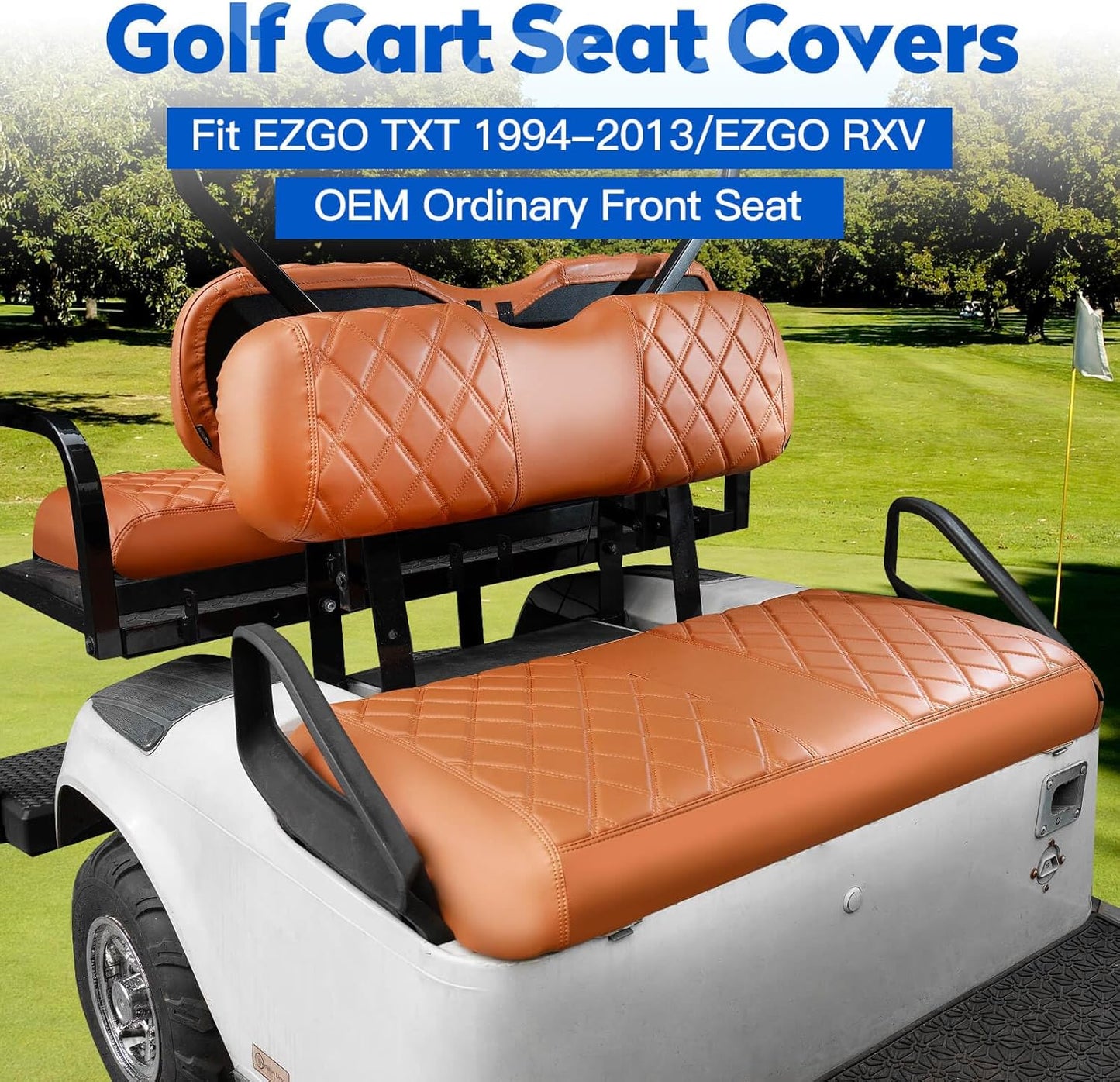 NOKINS 4PCS Golf Cart Diamond Seat Covers Kit, Front&Rear Seat Covers Fits EZGO TXT 1994-2013/EZGO RXV Standard Seat Cushion, EZGO Vinyl Seat Cover Accessories, No Staples(All Brown)