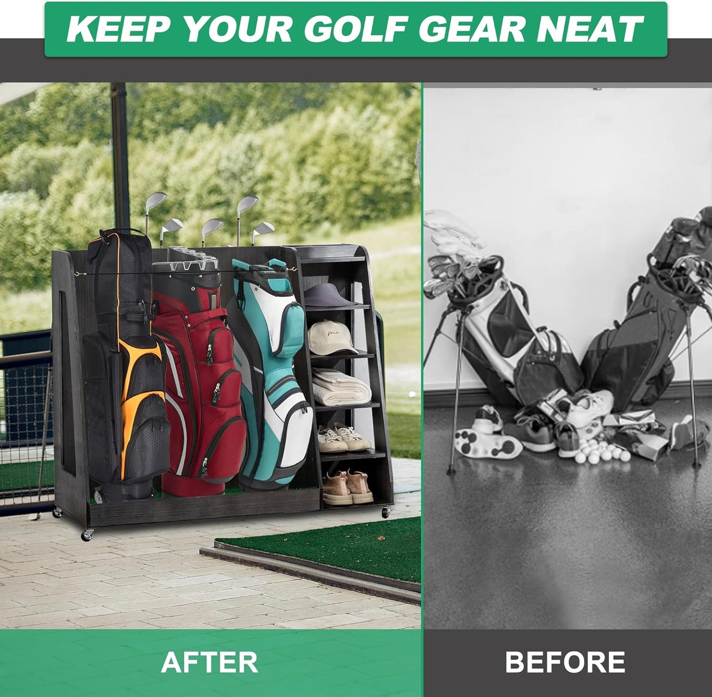 Golf Bag Organizer Storage Rack Stand Holder Fits 2 Extra Large Golf Club Bags and Multiple Golfing Equipment Accessories for Garage Home Simulator and Office