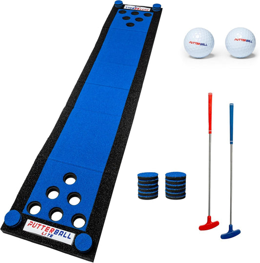 PutterBall Lite Original Golf Putting Game Set – Backyard 9 ft Putting Green Pong Style Golf Mat with 2 Putters, 2 Balls & Hole Covers