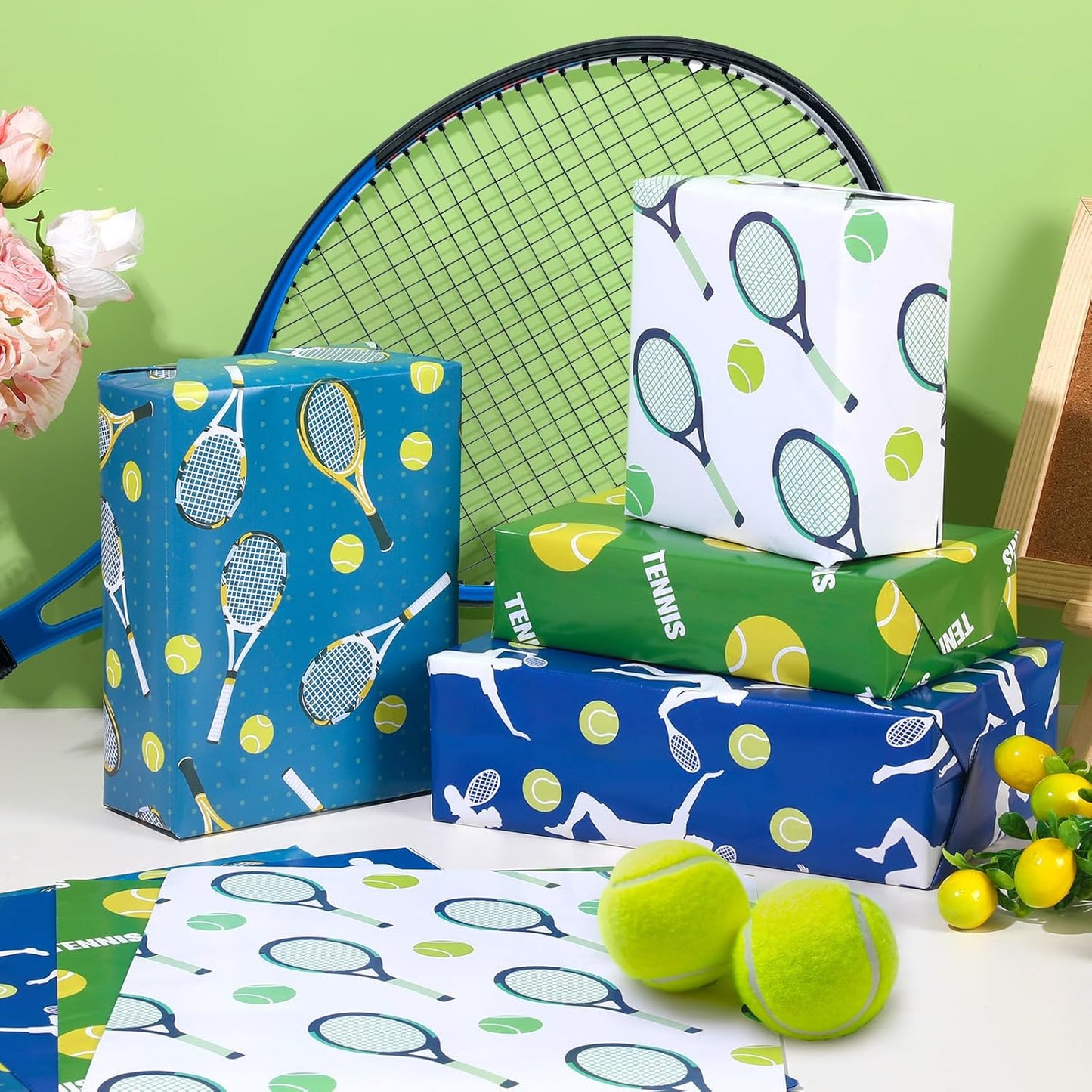 Tennis Wrapping Paper 12 Sheets Sports Tennis Racket Wrapping Paper Tennis Ball Gift Wrap for Birthday,Team Celebration Gifts Packing Paper - 20" x 28"