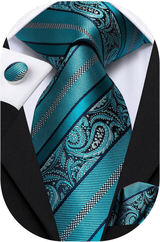 Hi-Tie Men 63inches Tie Set Extra Long Necktie Paisley Tie Pocket Suqare Cufflinks Big and Tall Men Tie
