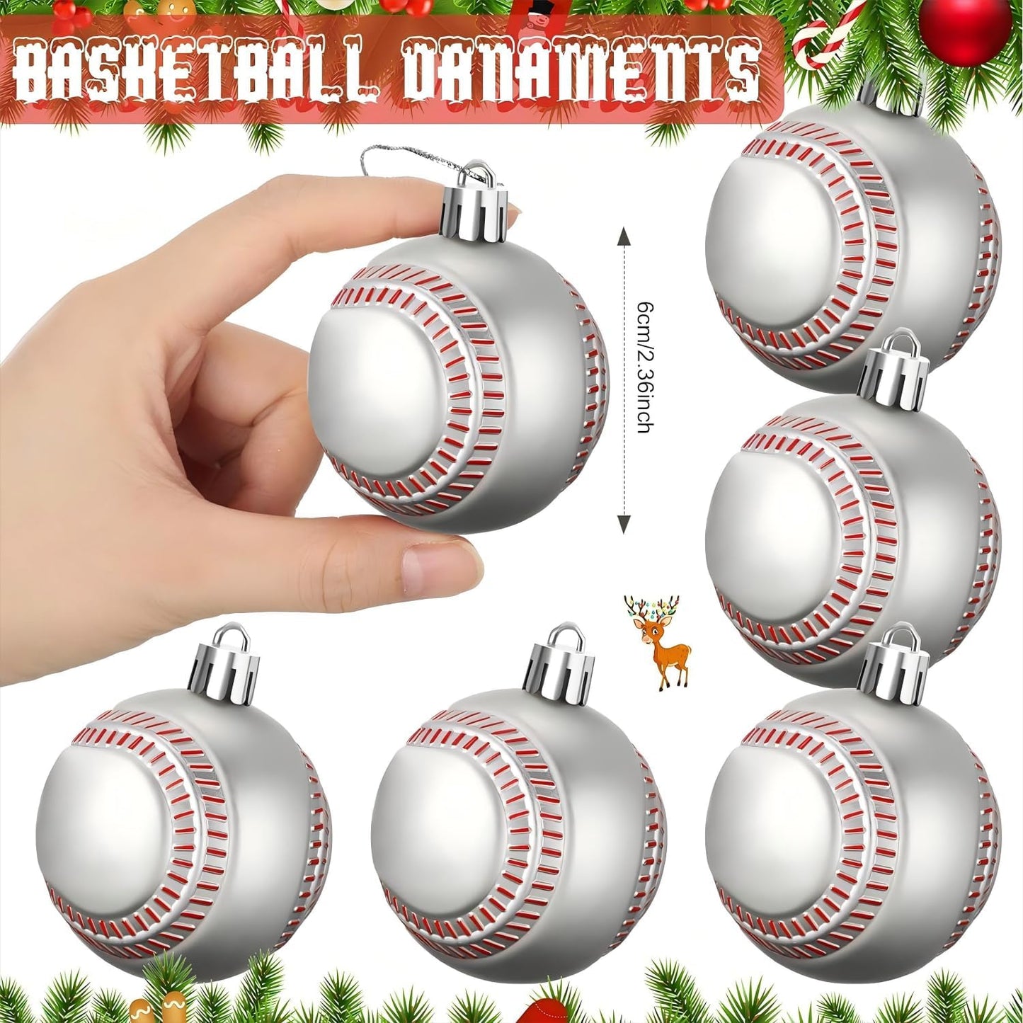 Leitee 18 Pcs Christmas Plastic Baseball 2.36 Inch Xmas Tree Ornaments with Hanging Loop Sports Theme Decorative Hanging Ornaments for Holiday Party Christmas Tree Home