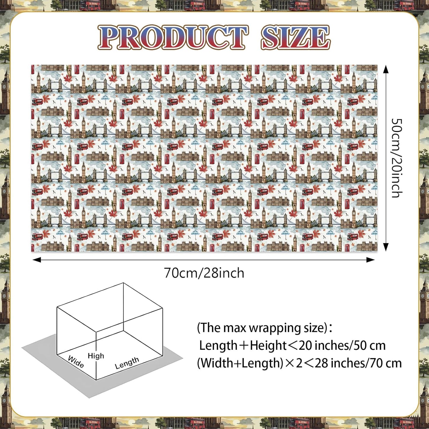 Pineraap London Wrapping Paper 12 Sheets – Big Ben,Tower Bridge,Umbrella UK Designs – British Gift Wrap for Birthday,Travel Lovers,20"×28"