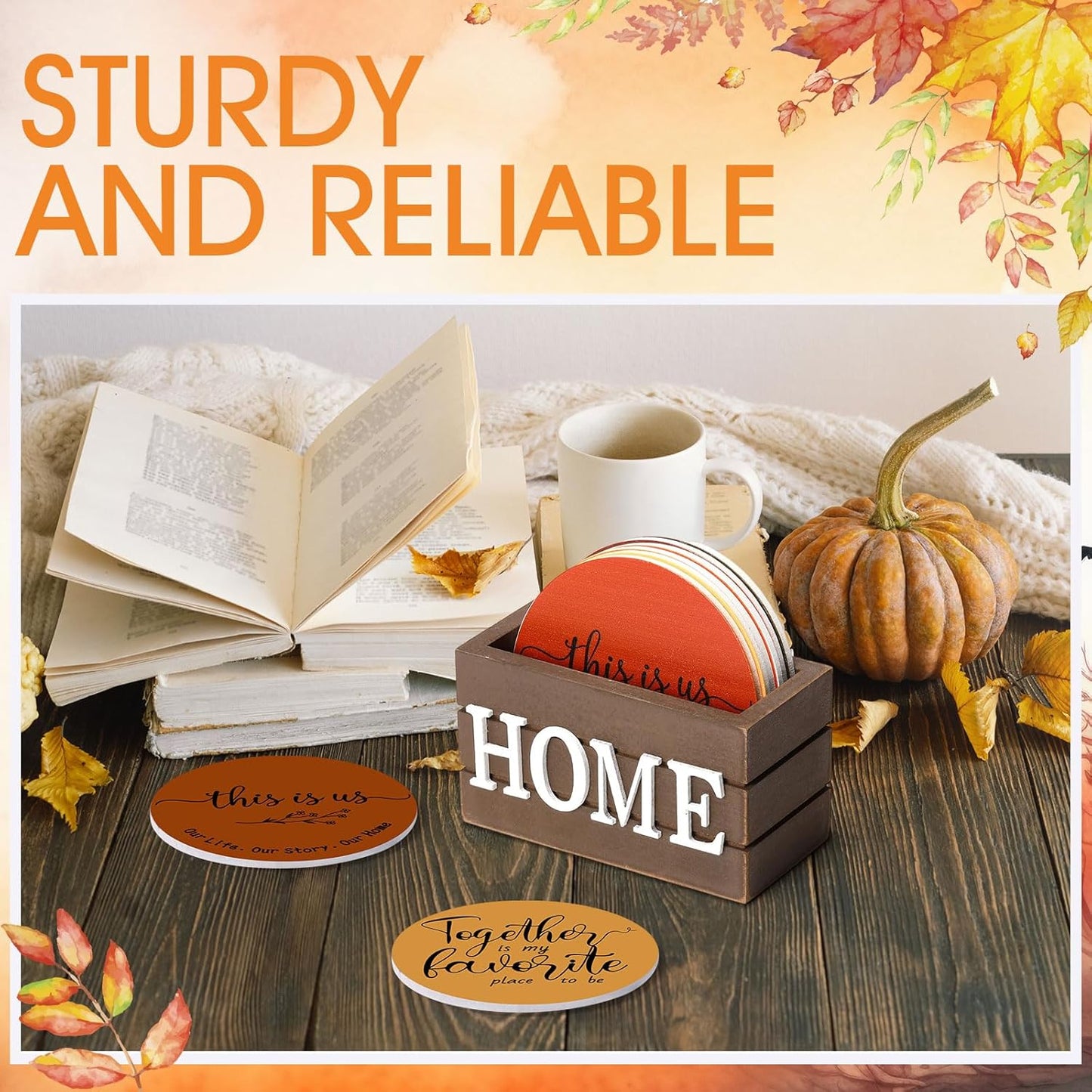 Queekay Housewarming Gifts for Home Decoration Wooden Heart Coasters for Drinks 6 Set Farmhouse Coasters with Holder Funny for Family Coffee Table Protection, 4''(Fall Color)