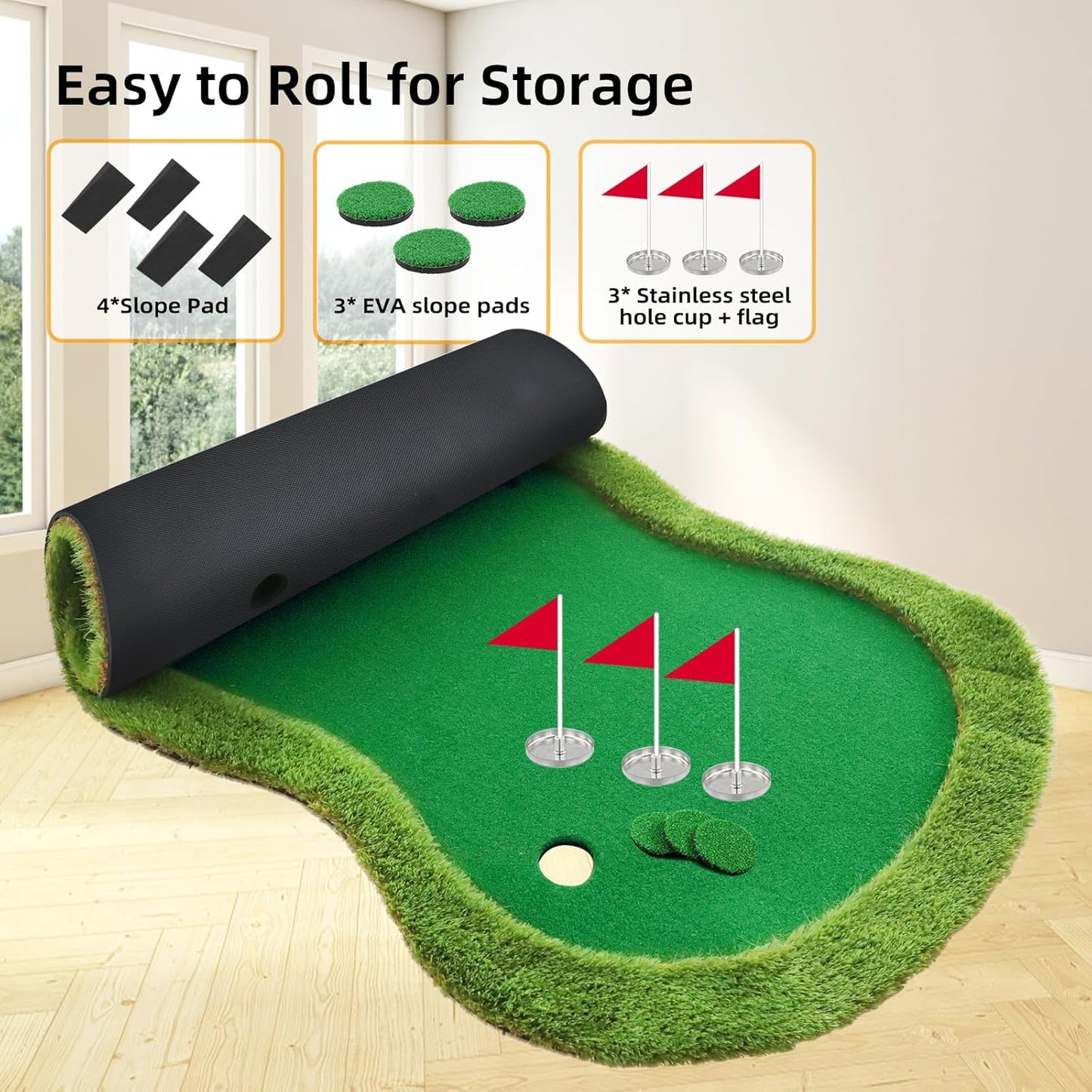 Roykaw Golf Putting Green - 5 x 10 Ft. Putting Mat, Professional Training Aid for Indoor & Outdoor, Green Mat w/ 3 Holes, Flags, Slope Sponges