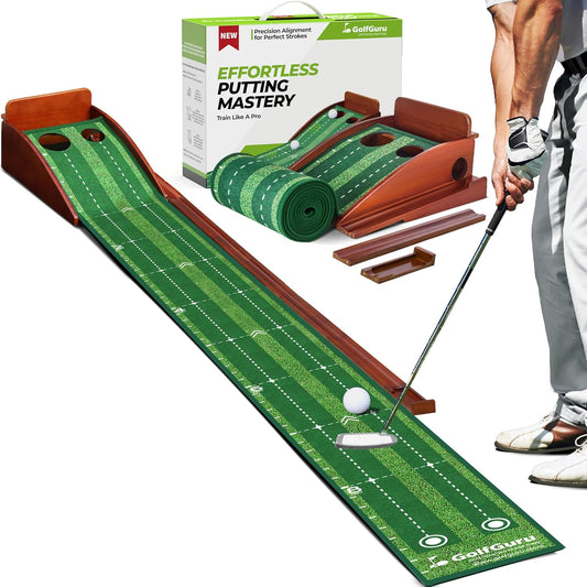 Golfguru Putting Green, 9.8ft Golf Putting Mat with Automatic Ball Return Track & Putting Mirror, Indoor Putting Greens for Home with Thickened Wrinkle-Free Crystal Velvet, Golf Accessories for Men