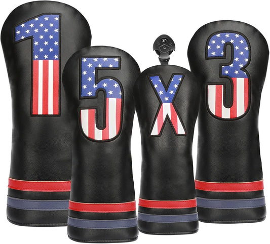 Golf Head Covers, 4pcs or 1pc USA Stars and Stripes Golf Club Covers for Woods and Driver Fairway Hybrid, PU Leather Golf Club Head Covers for Men Women with Interchangeable Tags, Fits Most Golf Clubs