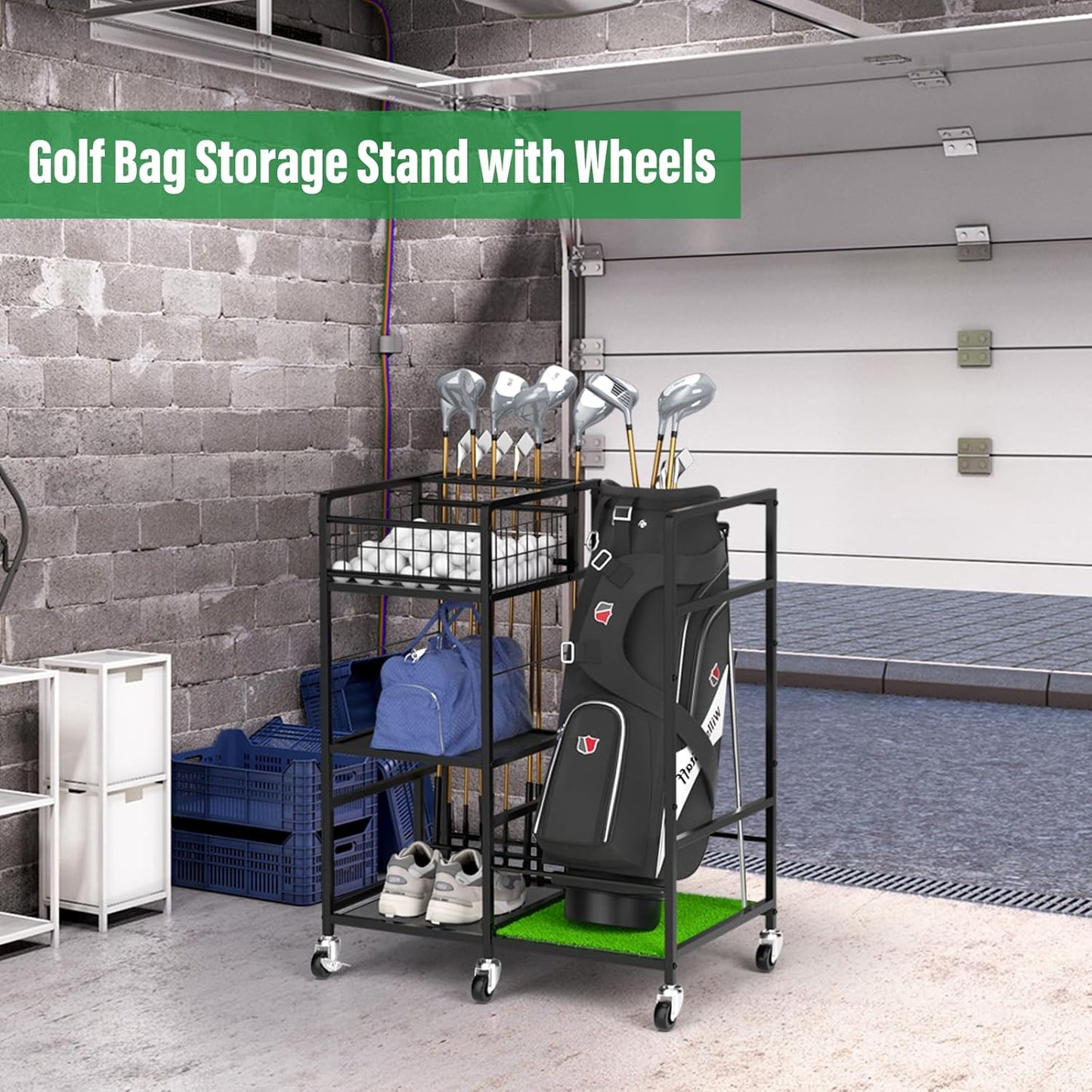 Golf Bag Organizer Rack Golf Club Storage Organizer for Garage Metal Golf Club Holder with Wheels 3 Tier Golf Bag Stand for Club, Balls, Shed and Basement, Black