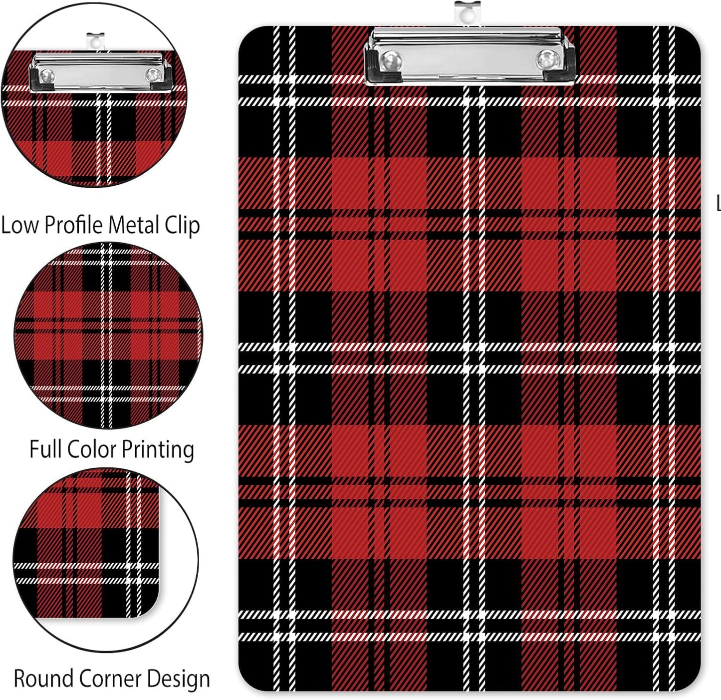 Fashion A4 Clipboard, Standard Letter Size 9" x 12.5", Decorative Wooden Clipboard with Low Profile Metal Clip for Office, School, Teachers, and Students, Black Red Plaid Tartan
