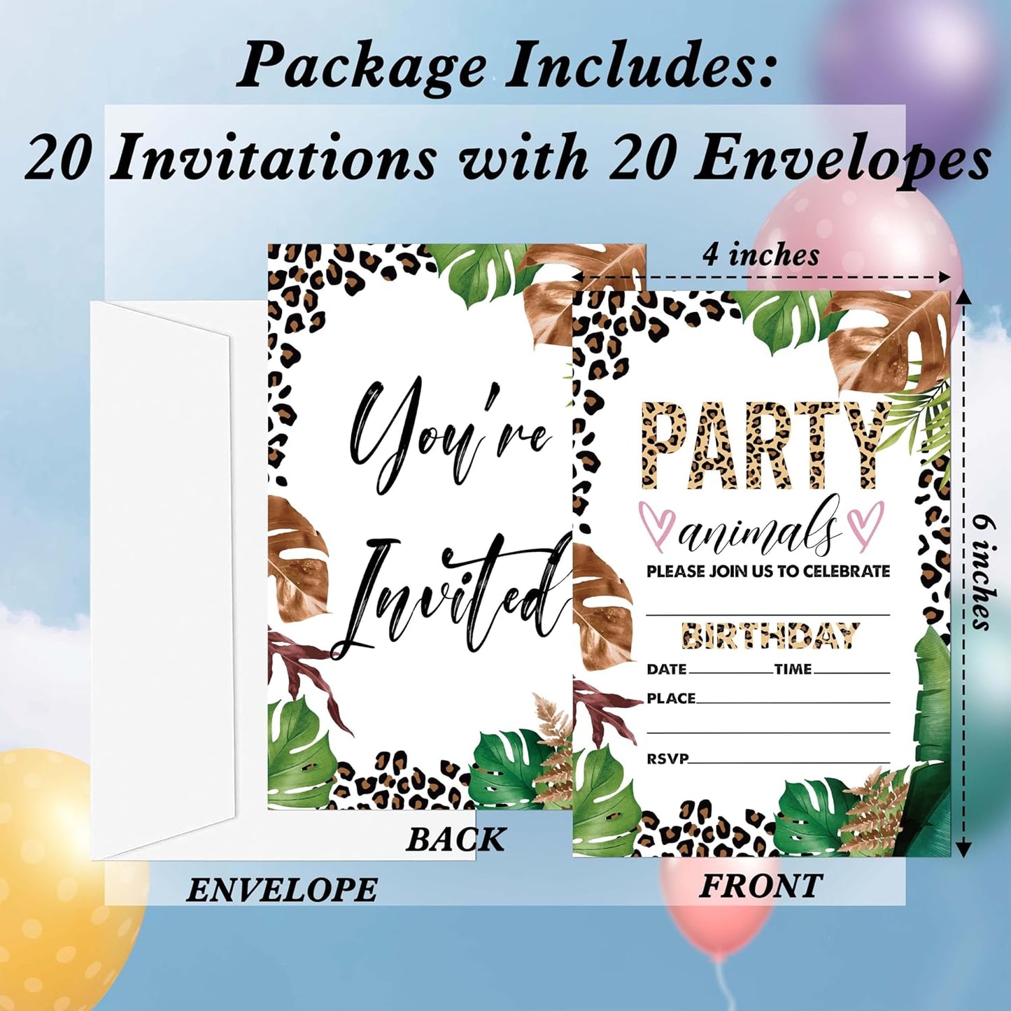 Jungle Animals Birthday Invitations, 20 Invitation Cards with Envelopes, Leopard Print Invites for Party Decorations Favor Supplies - A12