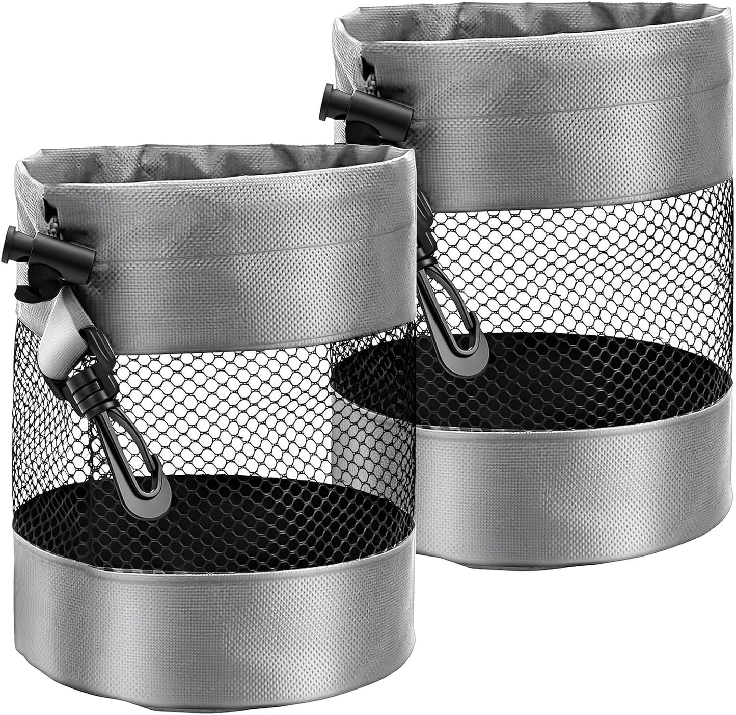 2 Pcs Golf Ball Pouch, Nylon Mesh Golf Ball Bag, 13 x 18cm/ 5.1 x 7.1 in Drawstring Golf Bag Organizer with Hook, Mesh Ball Bags for Billiards, Tennis, Kids Toys Storage, Grey