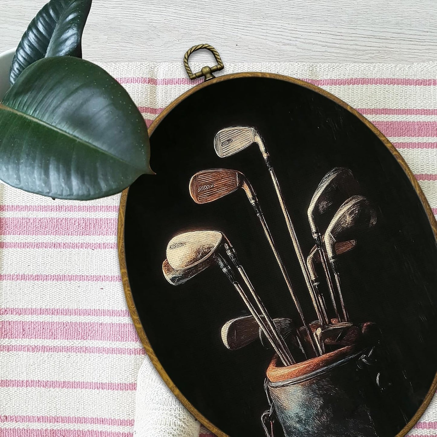 Vintage Golf Wall Art Decor, Golfing Gifts Framed Canvas Prints 8.6x11.4, Rustic Retro Classic Golf Bag Aesthetic Oval Wall Hanging Artwork Decorations for Home Bedroom Gym Man Cave Sport Room