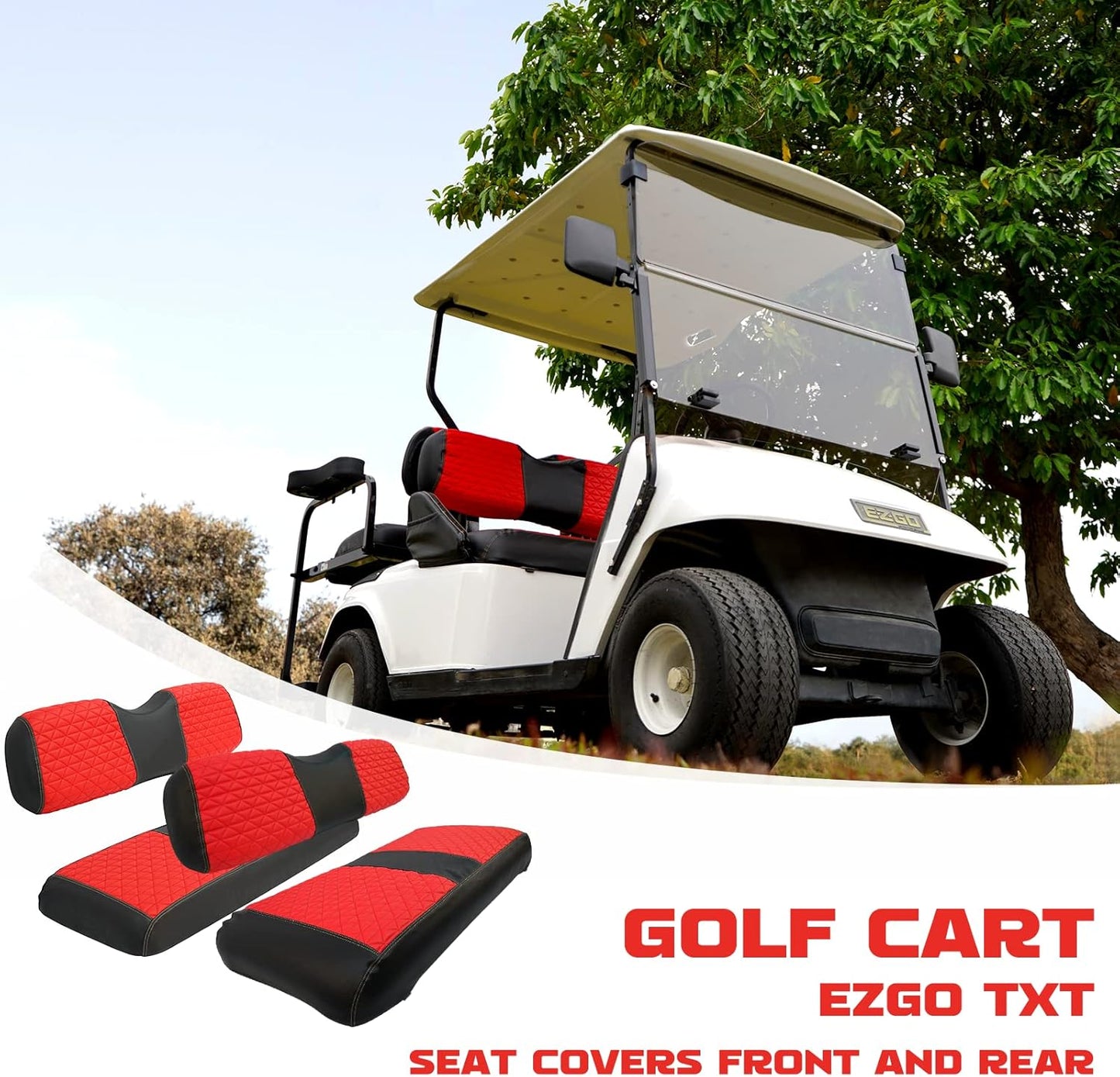 XUANYUDG0769 Golf Cart Front and Rear Seat Covers for EZGO TXT/RXV Club Car DS/Precedent Yamaha G29, Vinyl Leather Made/Adjustable Straps and Retractable Buckle/No Stapler Required,4PCS