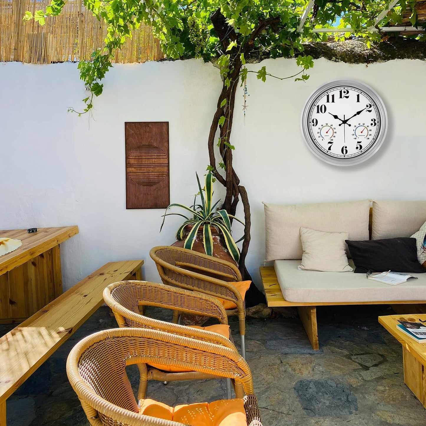 JENLYSTIME 16 Inch Silver Vintage Waterproof Indoor/Outdoor Wall Clock with Thermometer & Hygrometer, Large Numerals & Silent Sweep Movement - Ideal for Porch, Garden, Pool