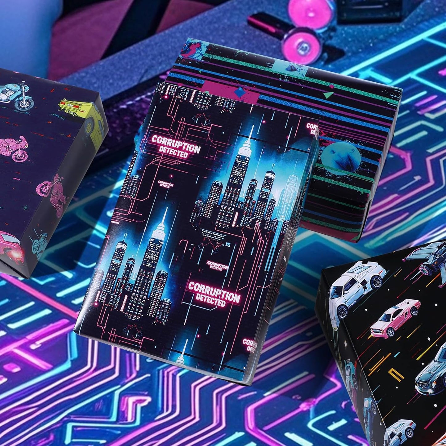 Pineraap Cyber Future Wrapping Paper 12 Sheets 4 Futuristic Themed Designs Neon Gift Wrap for Sci-Fi Fans,Tech Lovers,20"×28"