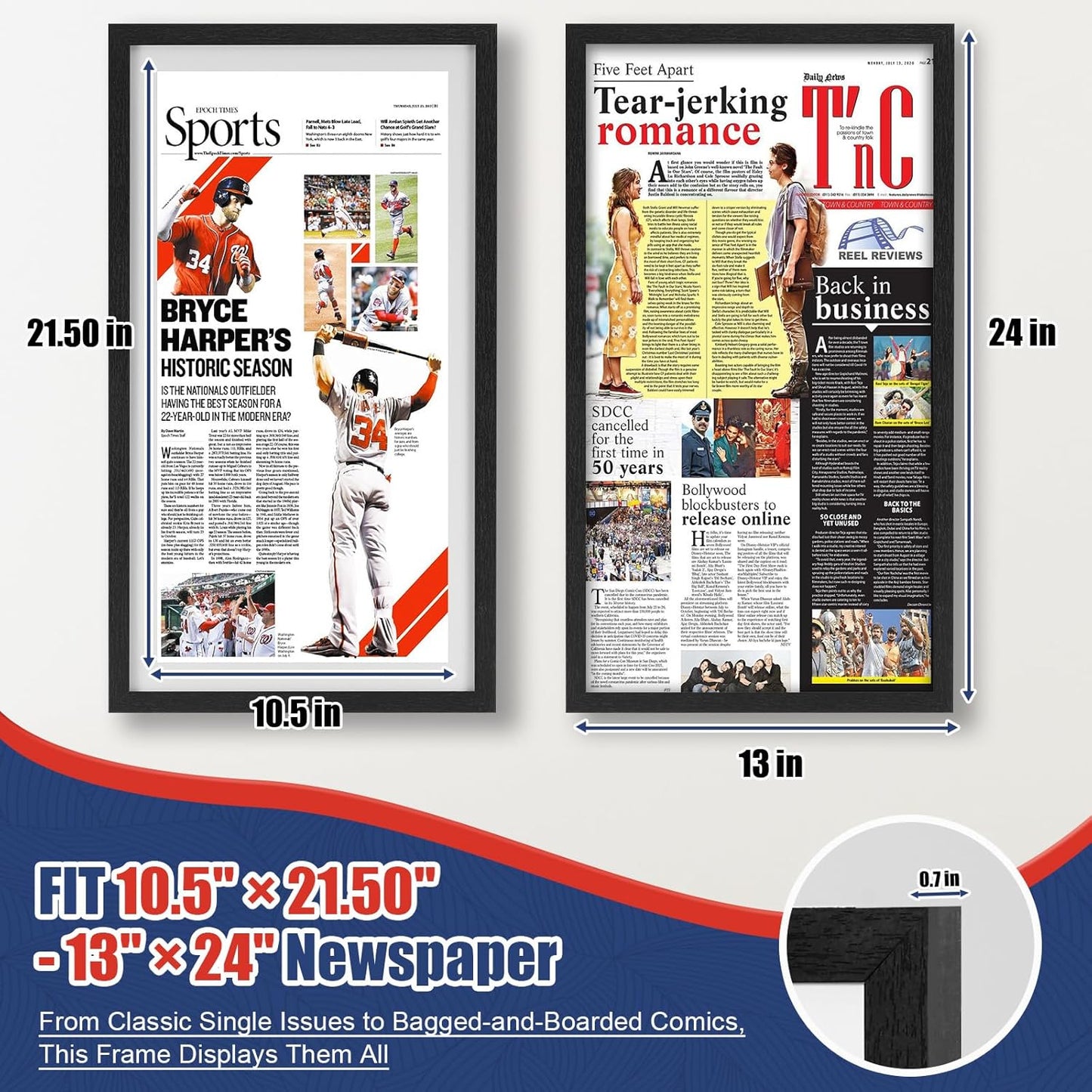 JupDec 11 × 22 Up to 13 × 24 Newspaper Frame, Premium Wood Display Case with Acrylic Panel, Wall Mount or Tabletop Stand, Perfect for Home & Office Decor, Ideal Gift for Collector, 1 Pack, White