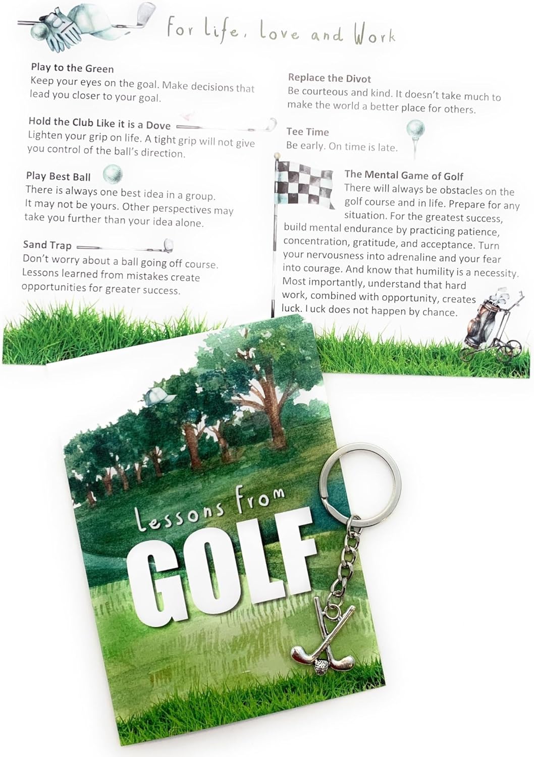 Smiling Wisdom - 10 Bulk Gifts - Wisdom From Golf 3.5x5in Cards & Keychains - Women Men Employees Staff - 30pcs - Silver Club Charms