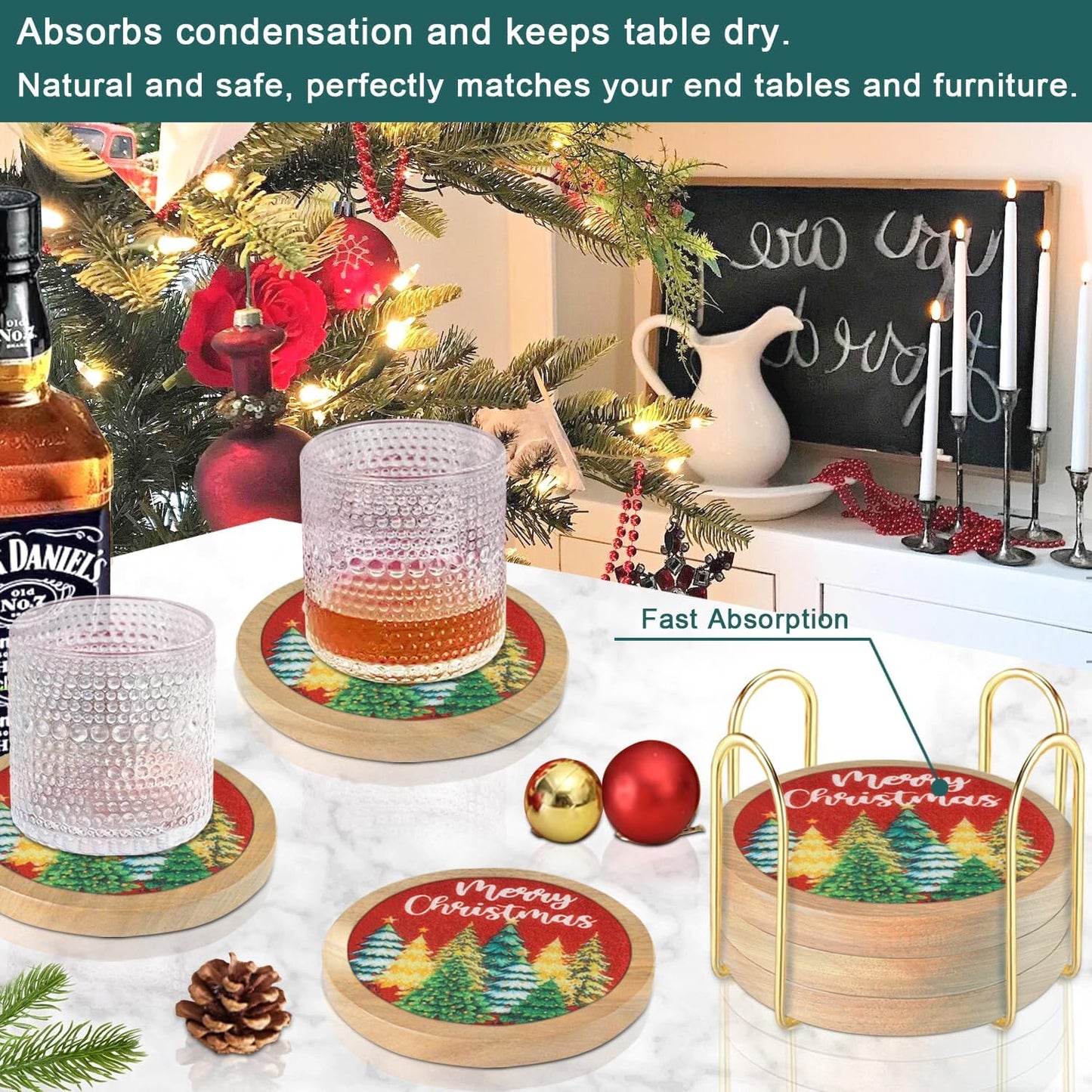 Christmas Tree Coasters for Drinks with Holder, Minacun Absorbent Coaster Set of 6, White Elephant Gifts, Secret Santa Gifts, Xmas Decor, Drinks Coasters for Coffee Tabletop Protection, 4.3 Inches