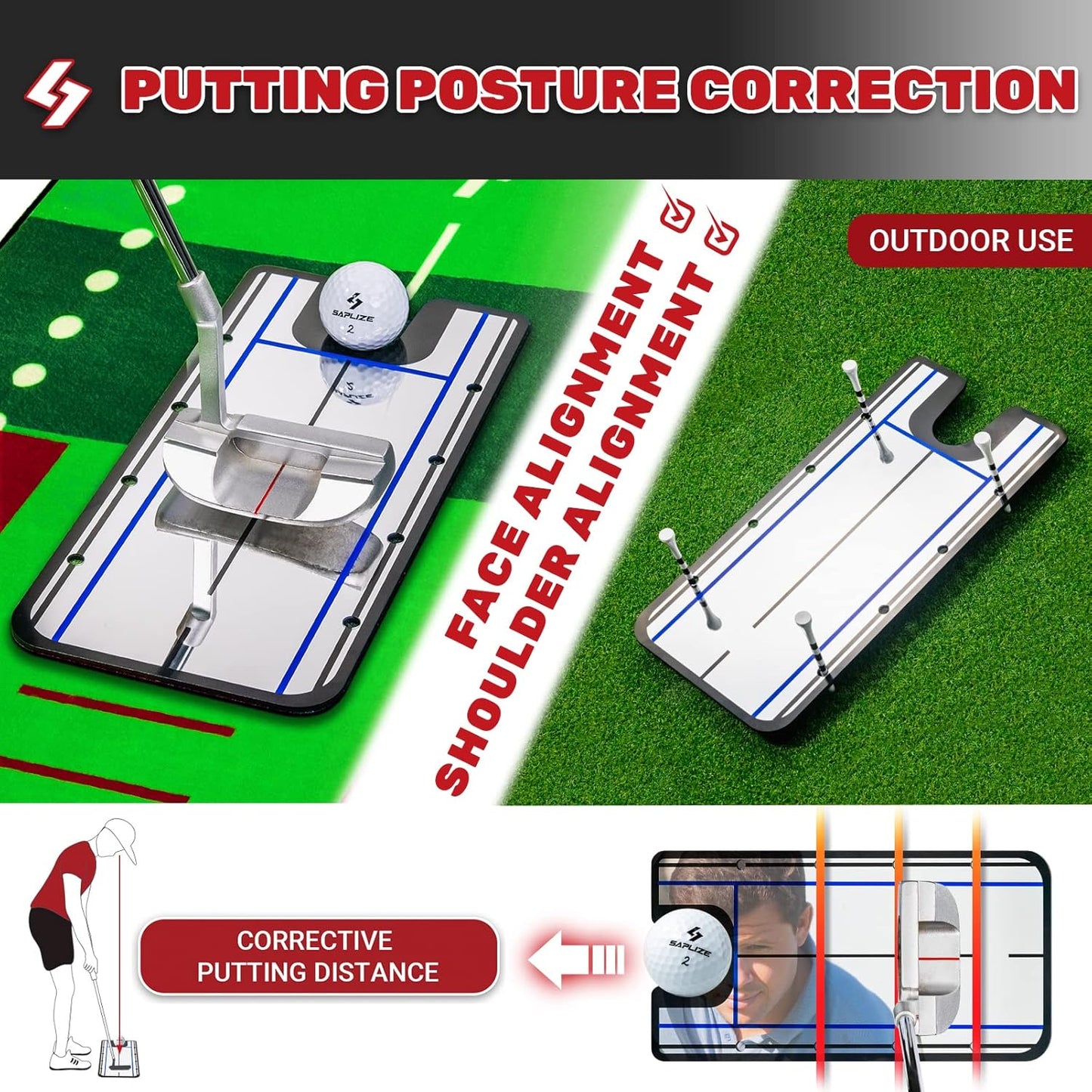 SAPLIZE Golf Putting Mat/Putting Green Mat - Adjustable Slope, Trajectory Tracking & Pong Game Modes | Indoor & Outdoor Use